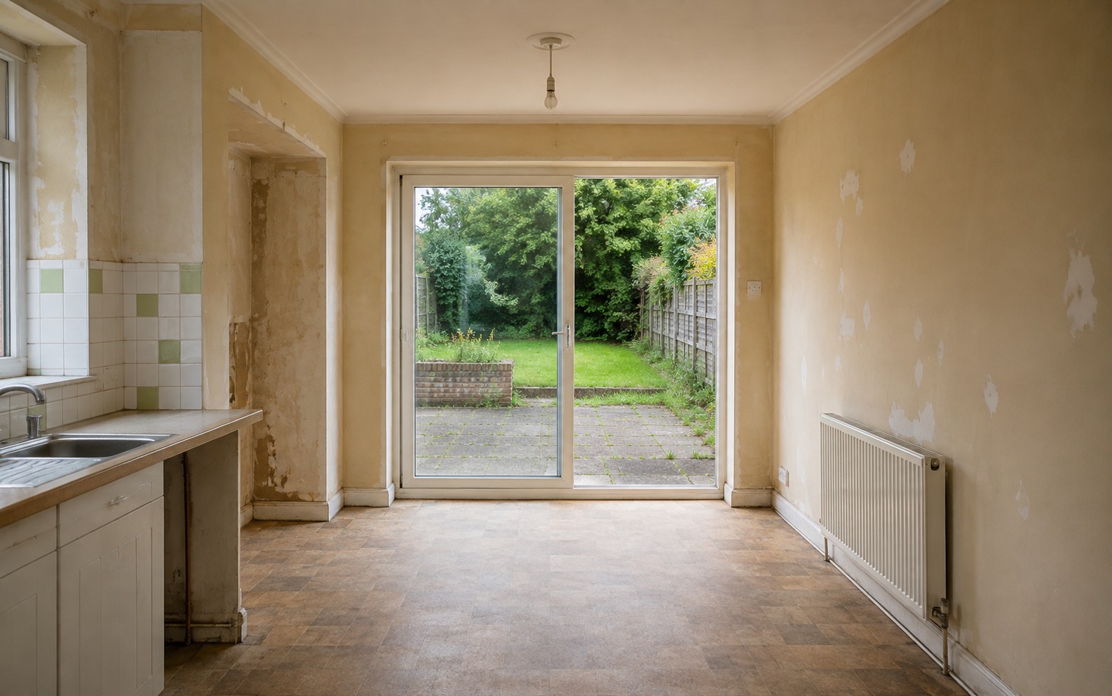 A dated kitchen and dining room before refurbishment
