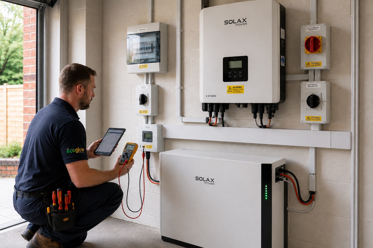 An EcoGlow engineer testing an inverter and battery with a multimeter