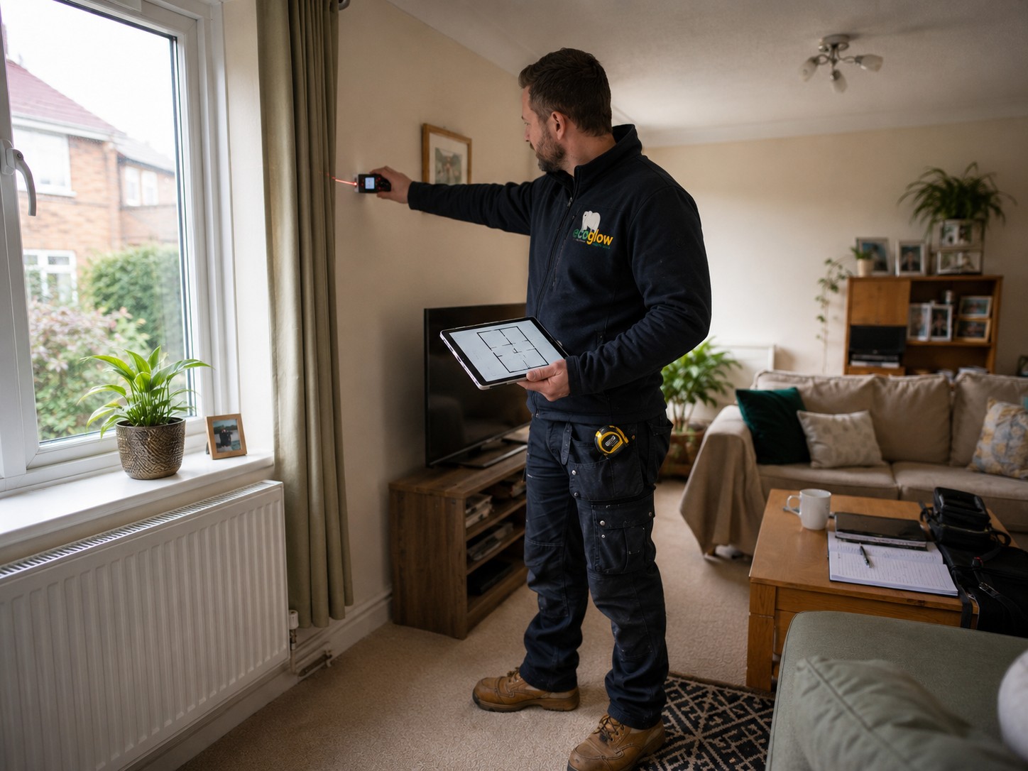 An EcoGlow surveyor measuring a living room with a laser and a tablet