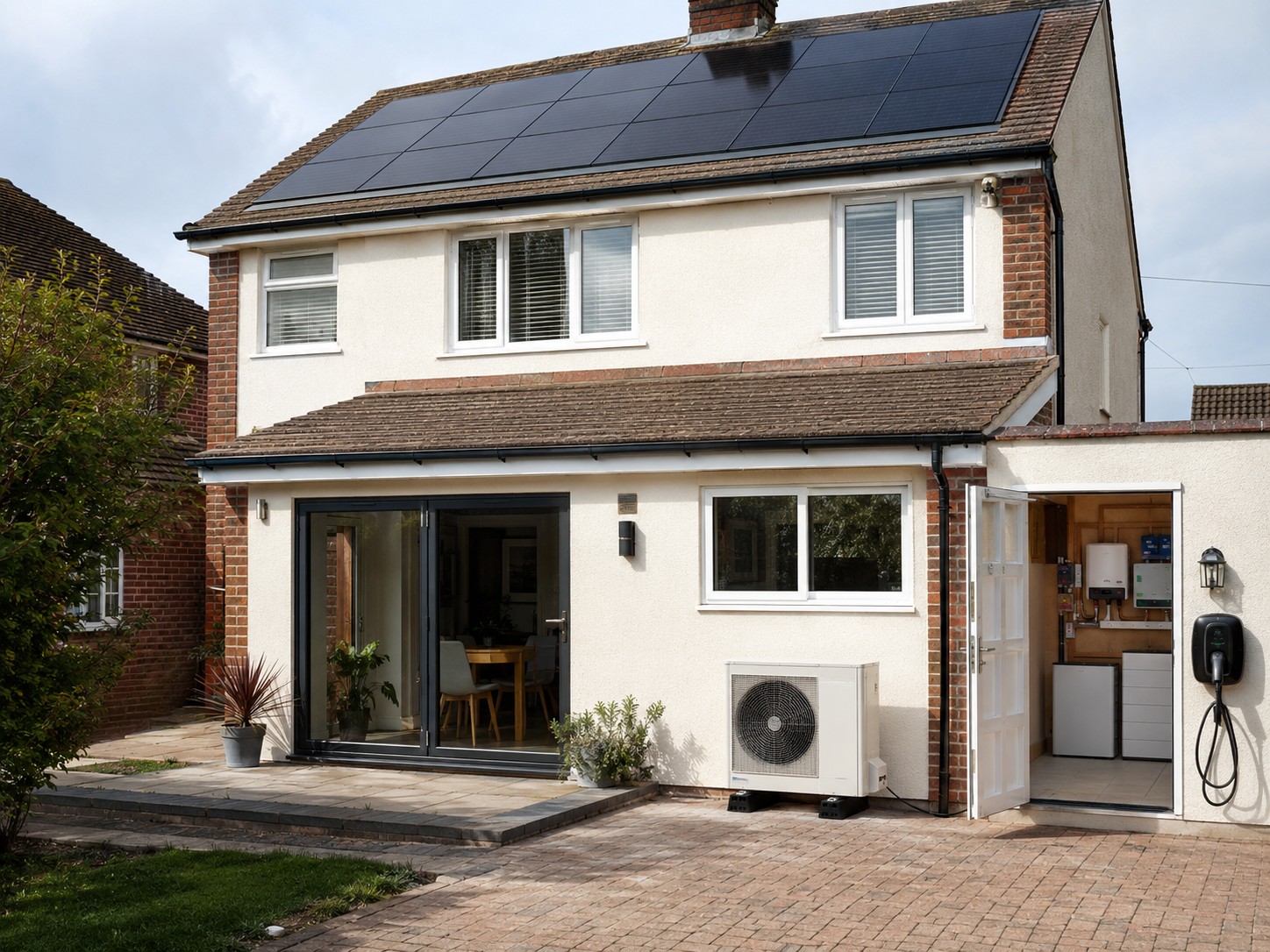 A house with solar panels on the roof, a heat pump outside and a battery on the wall