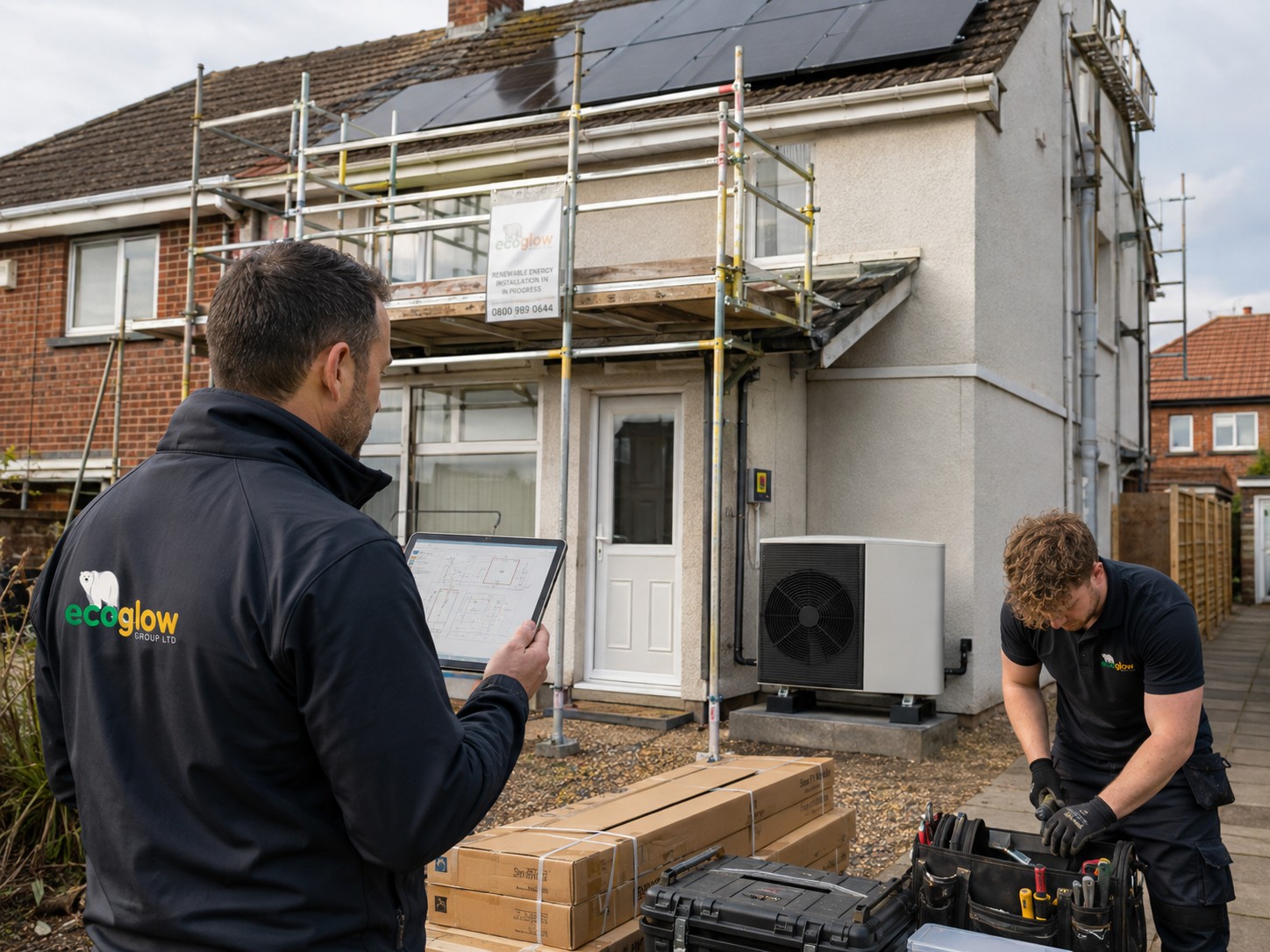Two EcoGlow engineers installing solar panels and a heat pump at a house