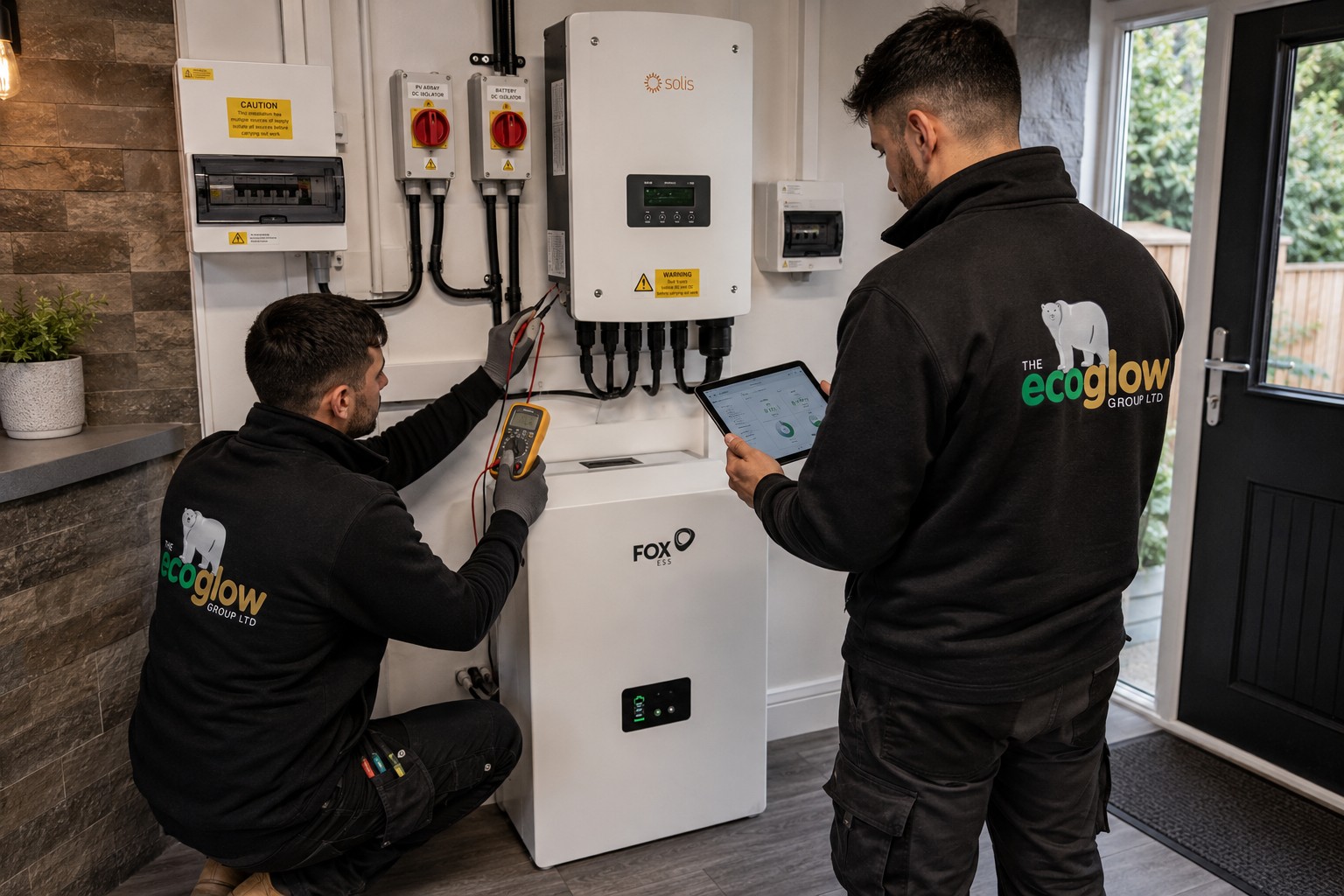 Two EcoGlow engineers commissioning a battery and inverter installation