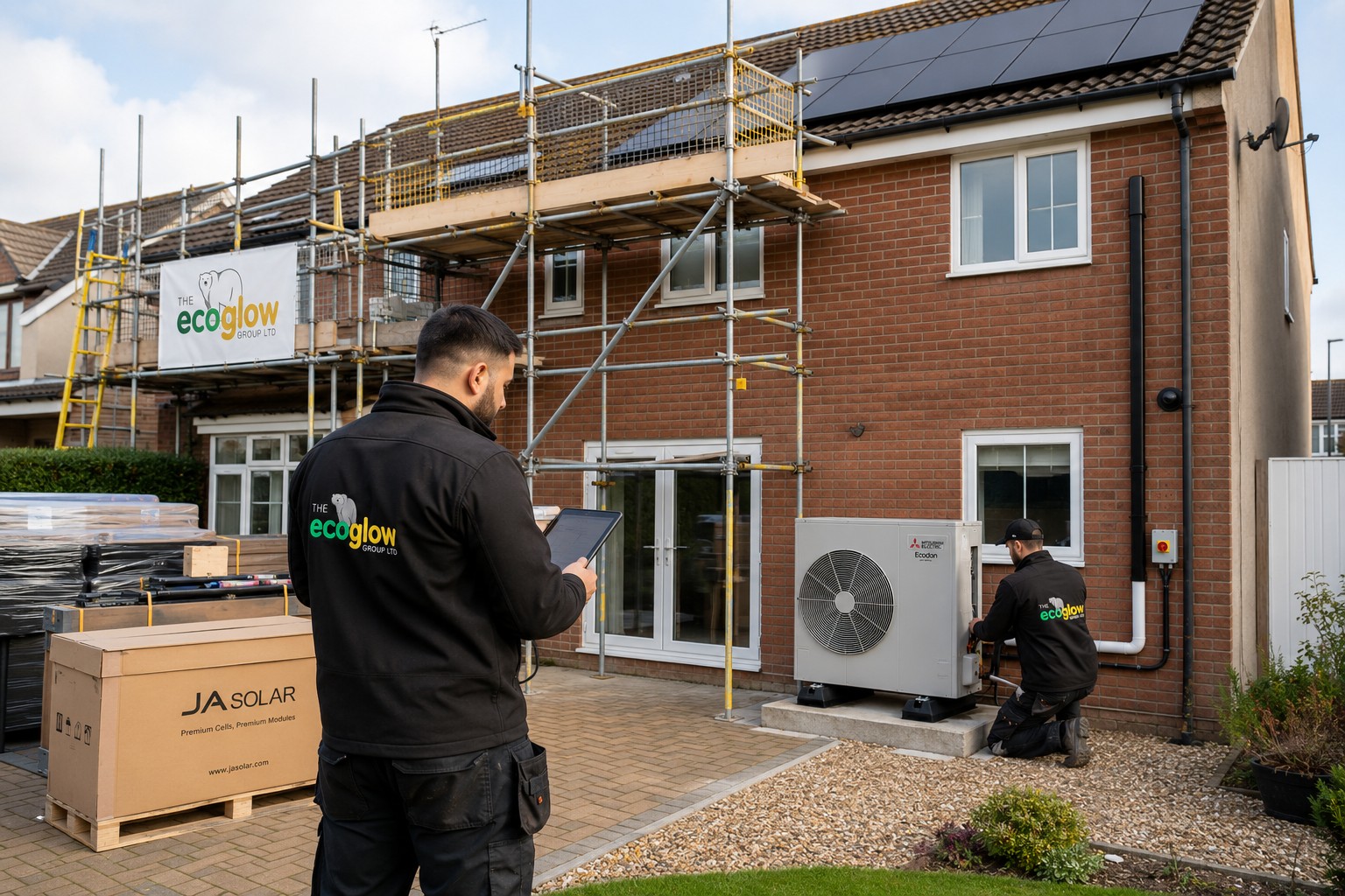 EcoGlow engineers on site with scaffolding up and materials delivered