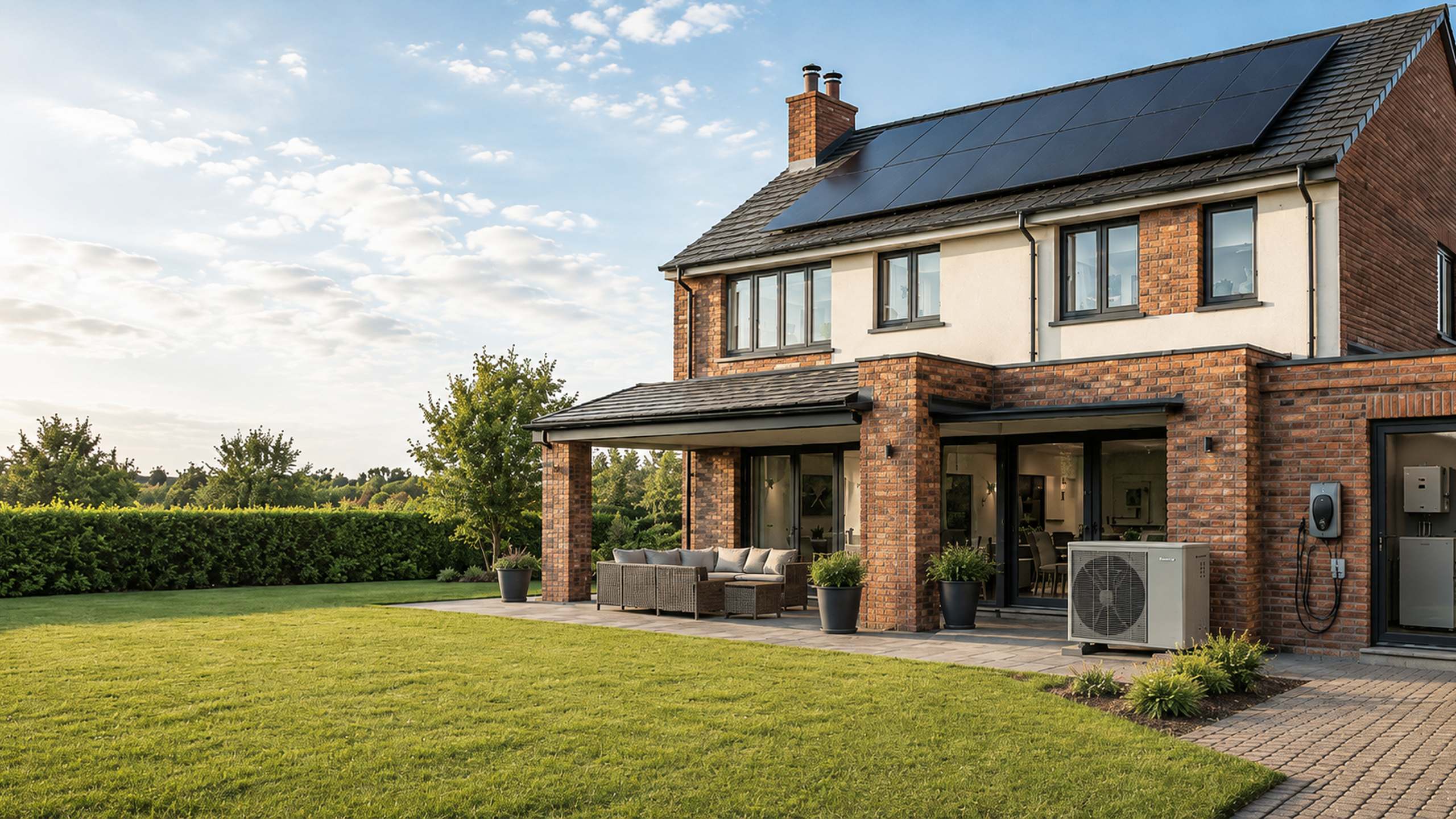 A house with solar panels on the roof, an air source heat pump beside the terrace and bifold doors onto the garden
