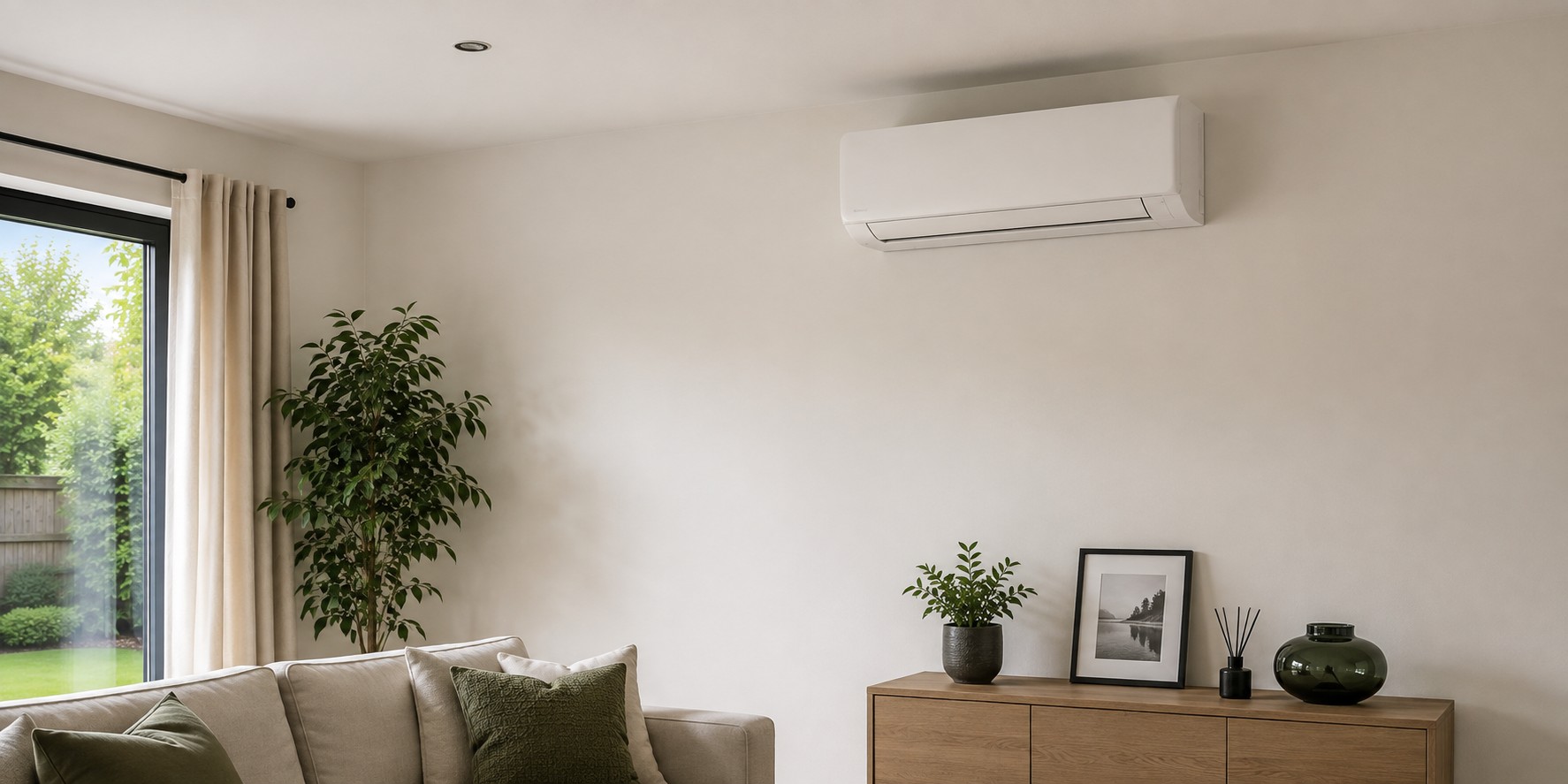 A wall-mounted air conditioning unit in a bright living room