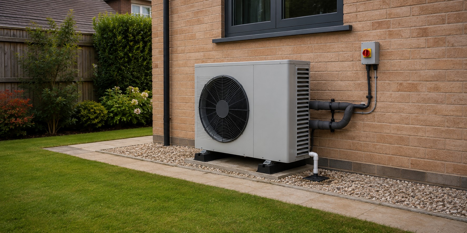 An air source heat pump standing on brackets beside a brick house wall