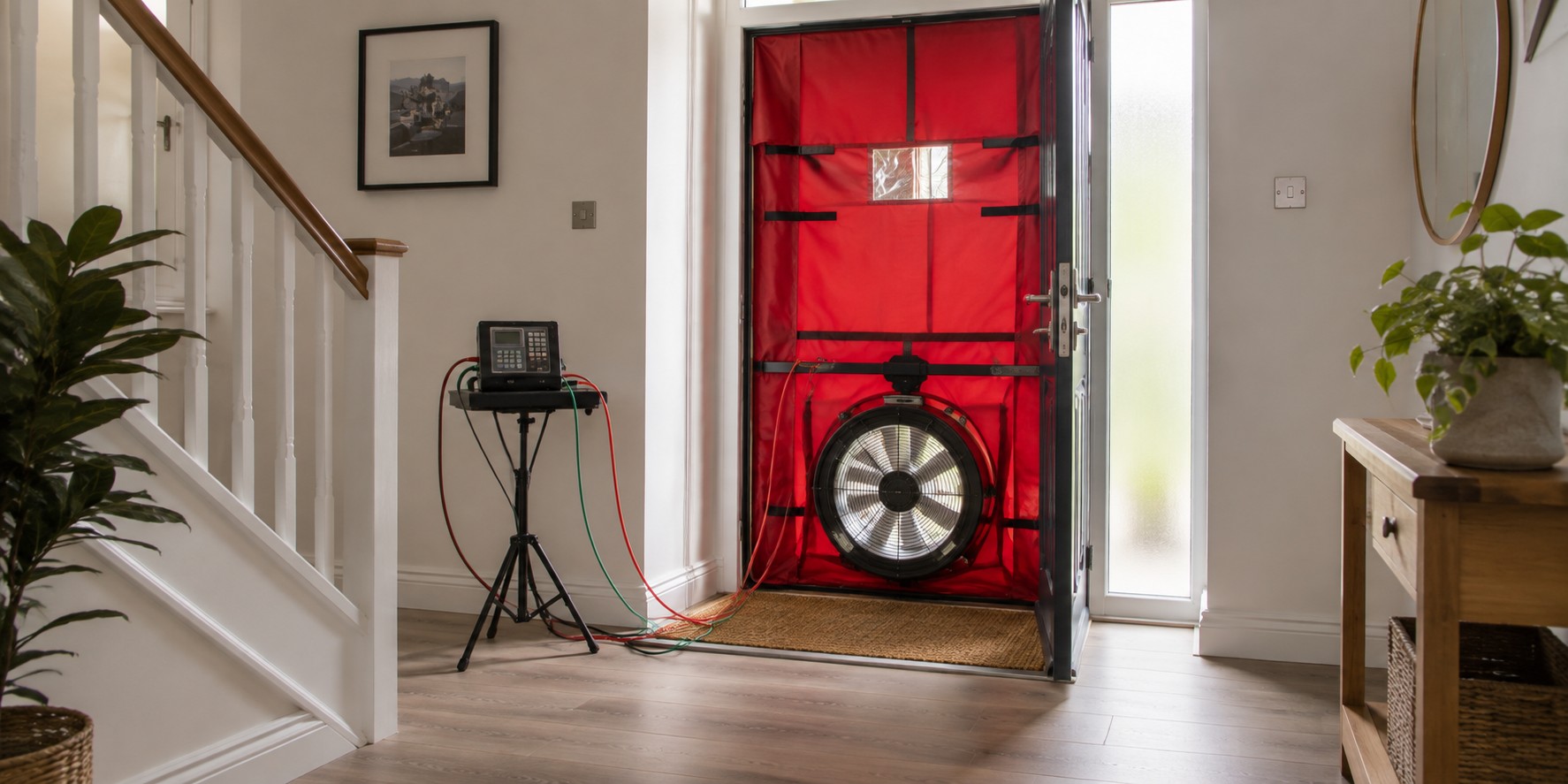 A blower door fan sealed into a front doorway during an air tightness test