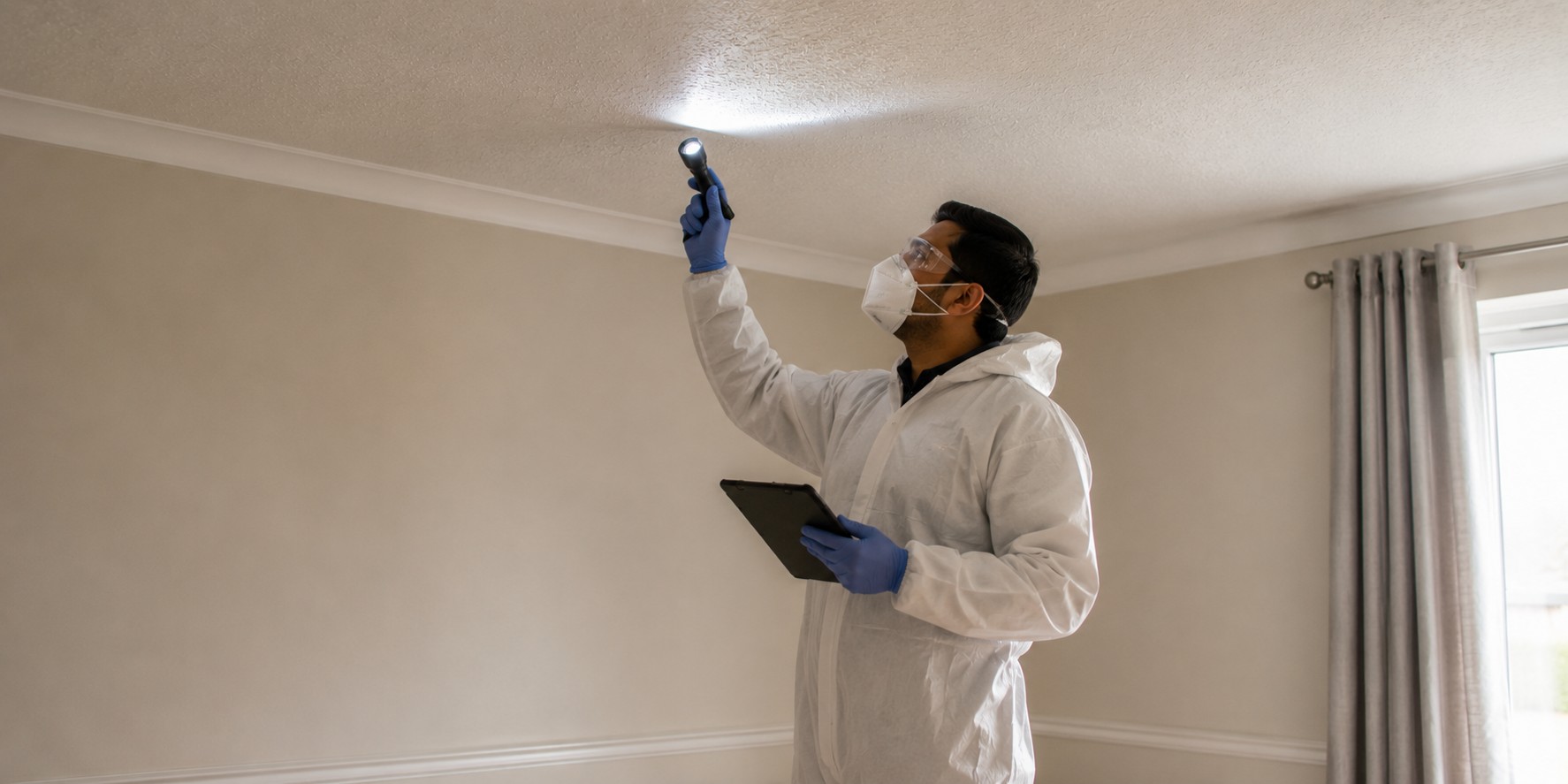 A surveyor in protective coveralls inspecting a ceiling with a torch