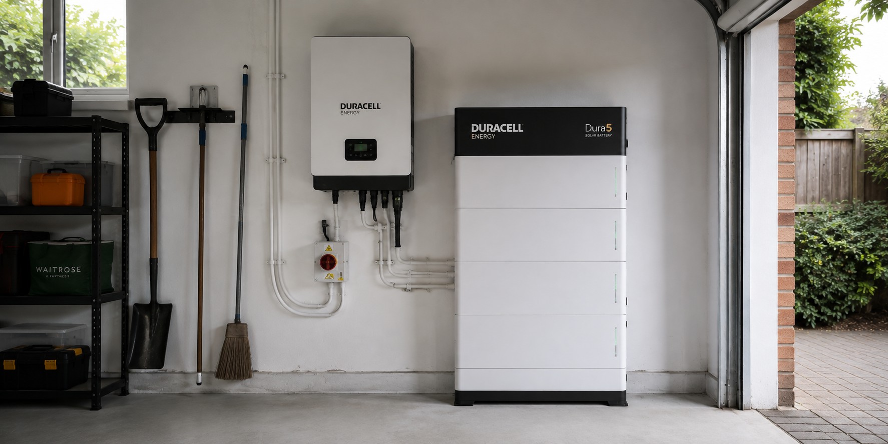 A Duracell Energy home battery and inverter installed on a garage wall