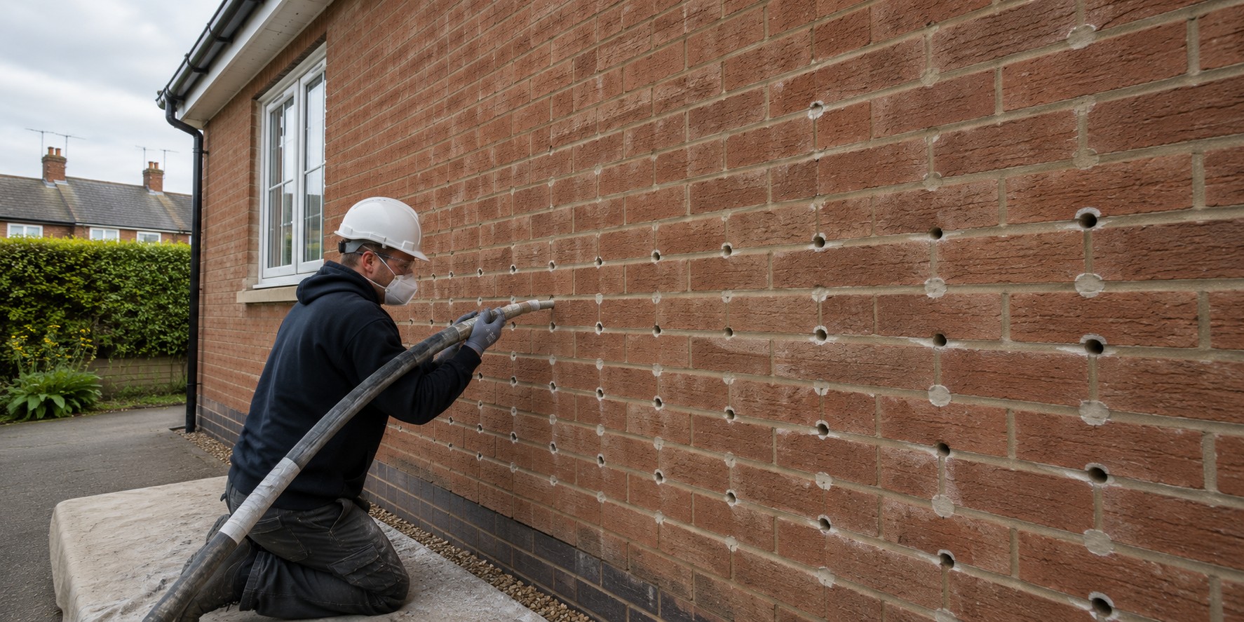 An installer injecting insulation into a cavity wall through drilled holes