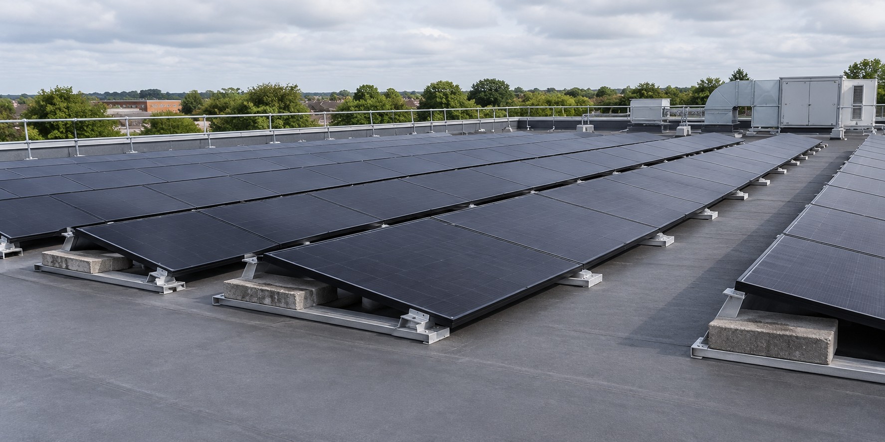 Rows of solar panels on a flat commercial roof