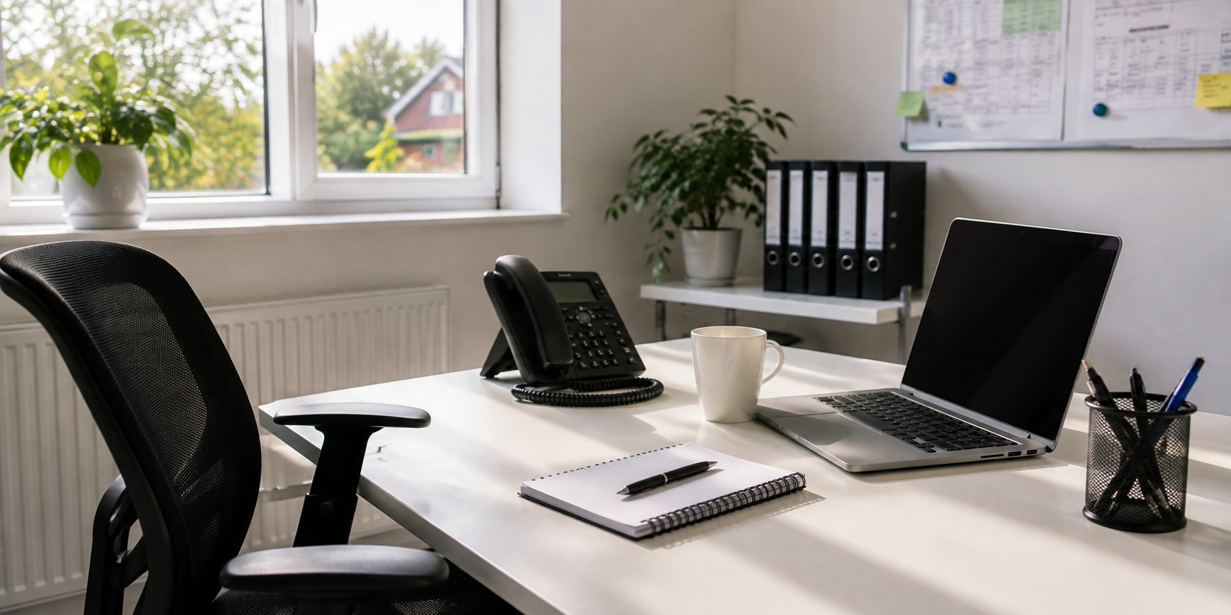 A desk with a telephone, laptop and notebook in a bright office