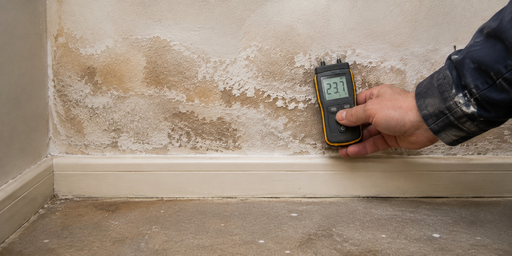 A damp meter held against a damp-stained wall above the skirting