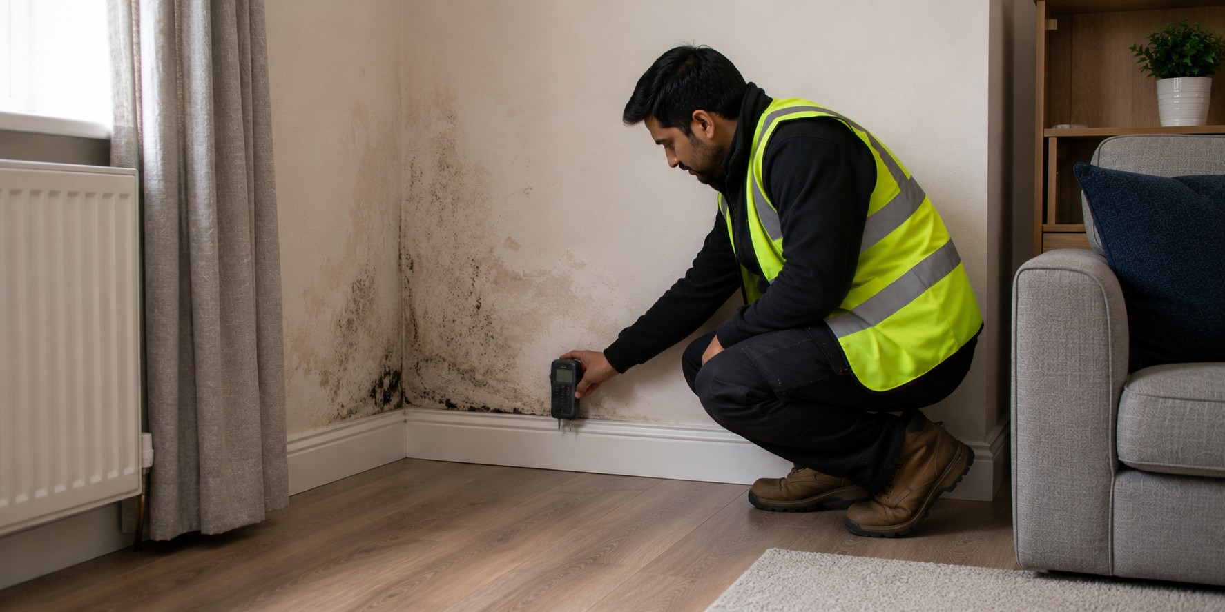 A surveyor testing a wall in a corner where mould has formed