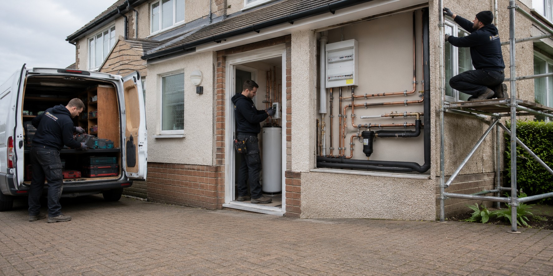 An engineer working on pipework at a house with a van parked outside