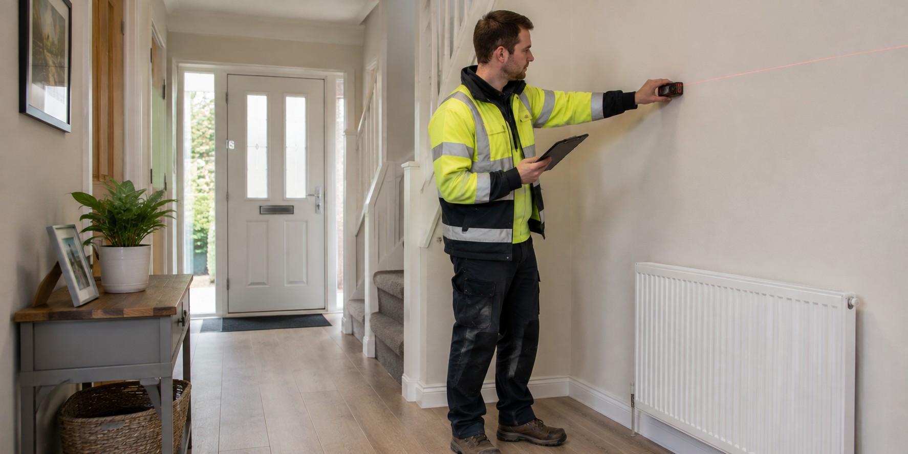 An assessor taking measurements in a hallway for an energy performance certificate