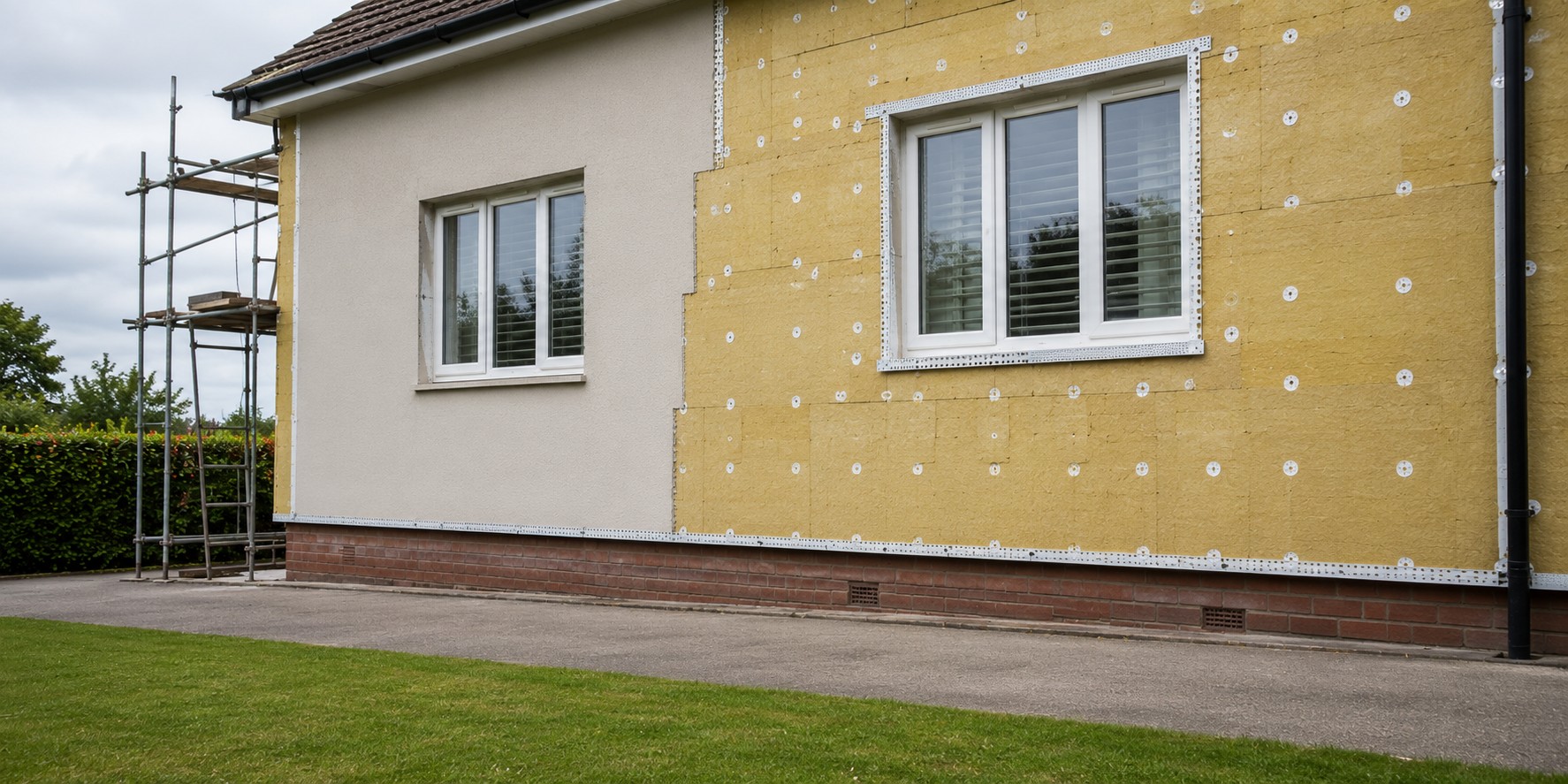 External wall insulation boards fixed to a house before rendering