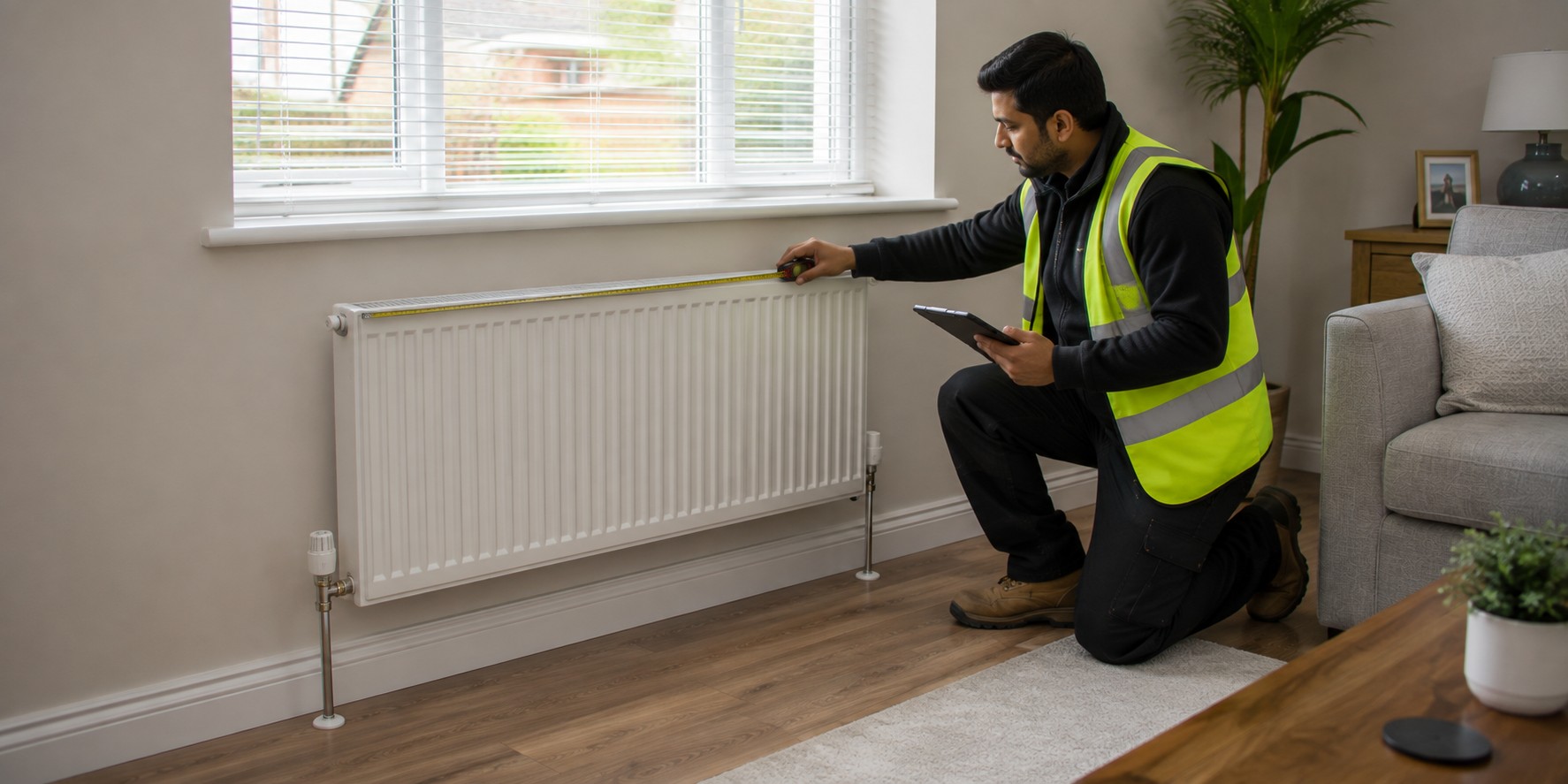 A surveyor measuring a radiator to calculate room by room heat loss