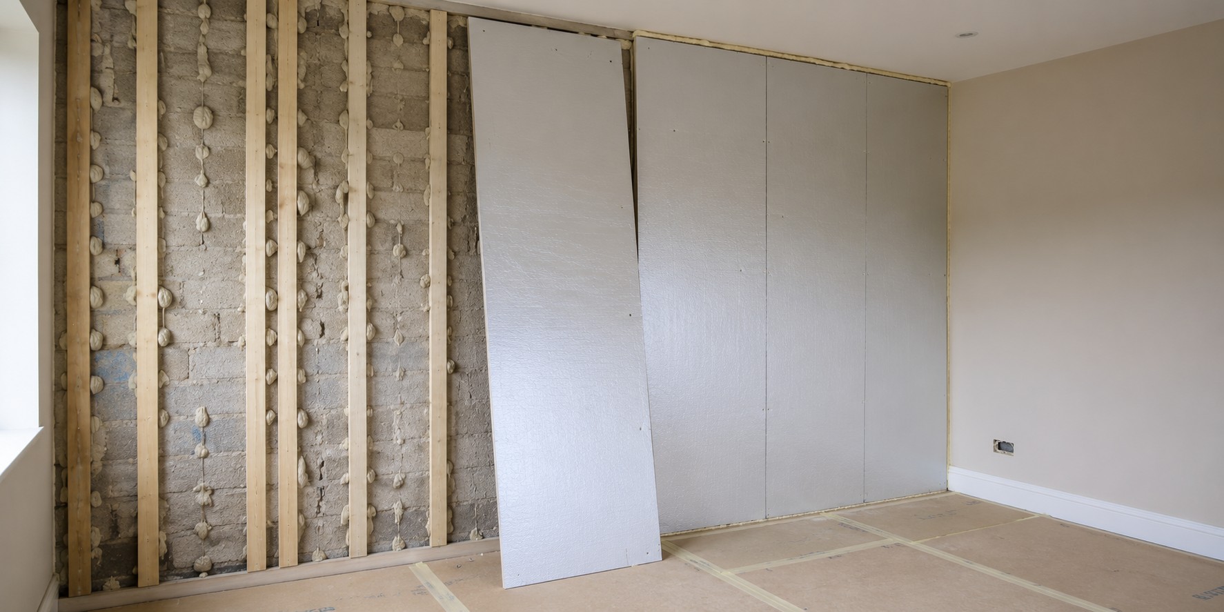 Insulated plasterboard being fitted to the inside face of an external wall