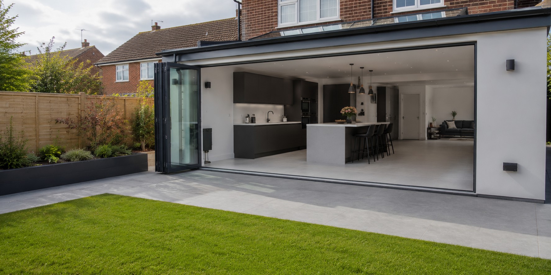 A rear extension with bifold doors open onto the garden