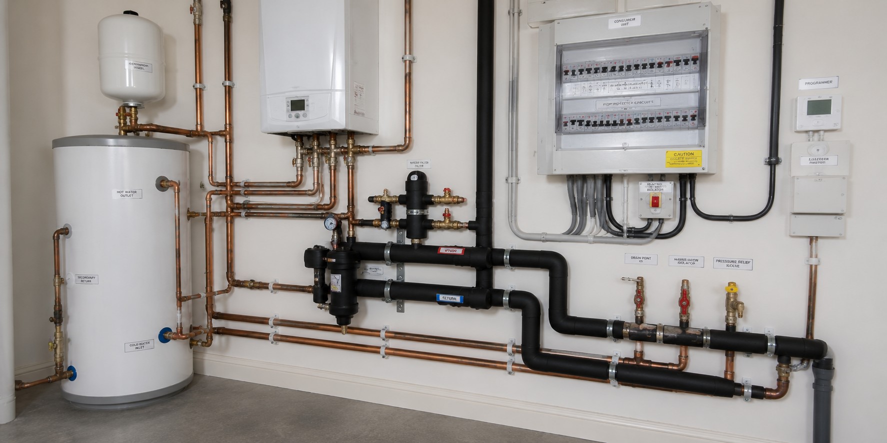 A hot water cylinder, boiler and consumer unit in a plant room