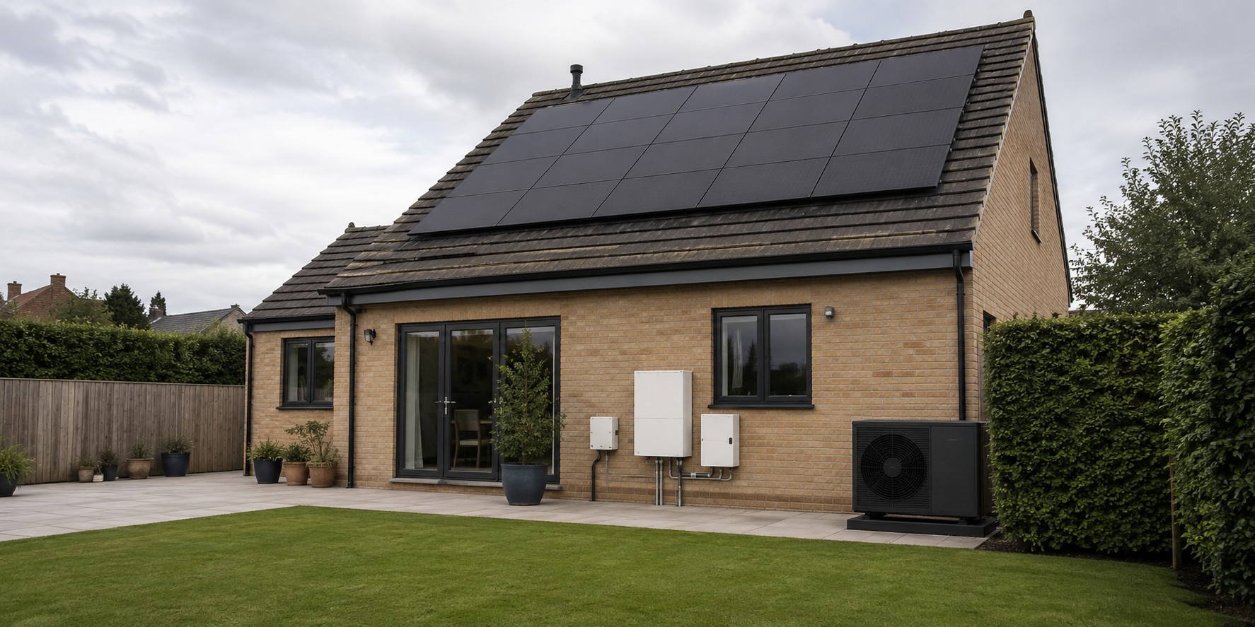 A house with roof solar panels and an air source heat pump in the garden