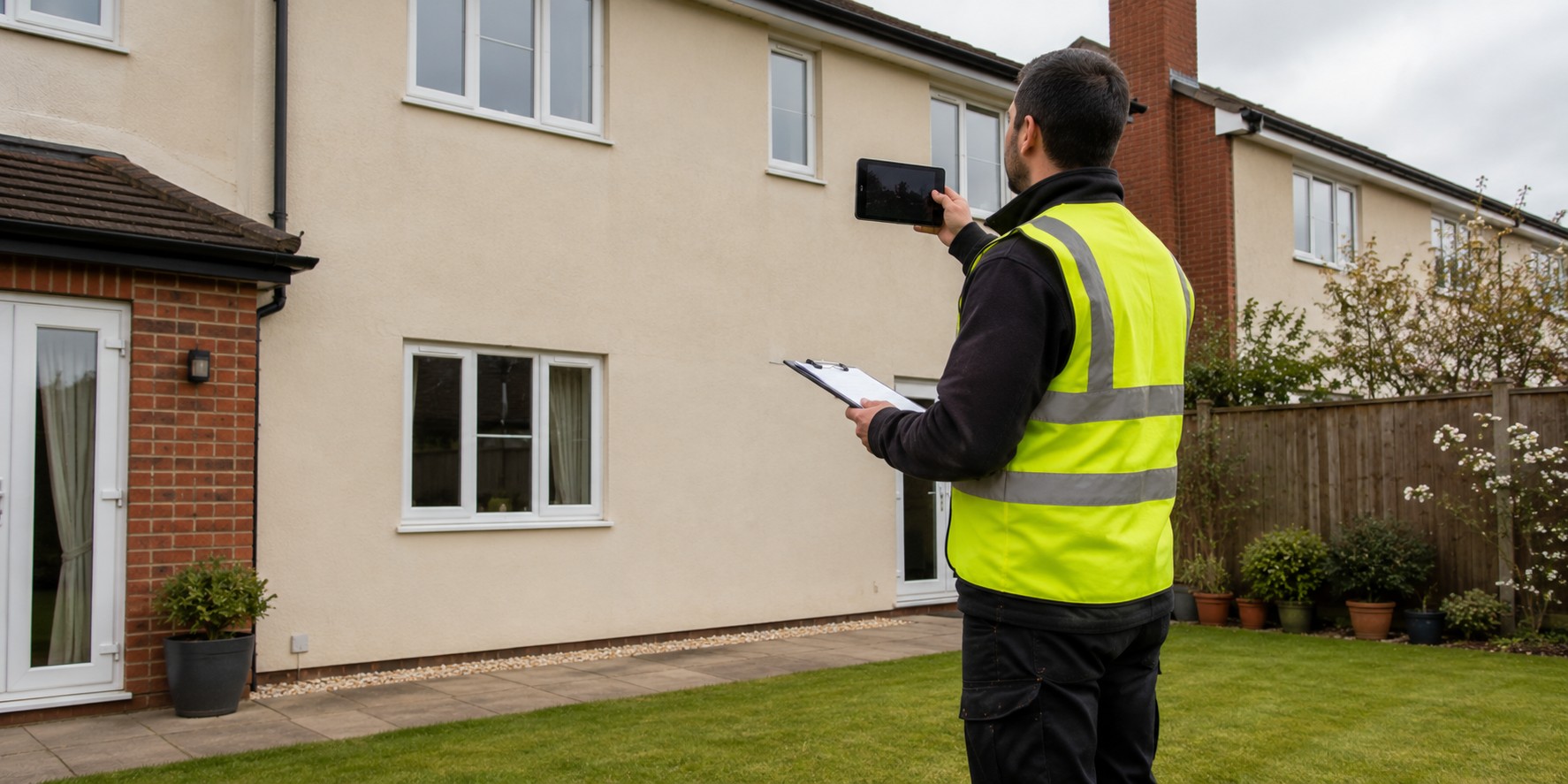 A retrofit assessor recording the outside of a house on a tablet