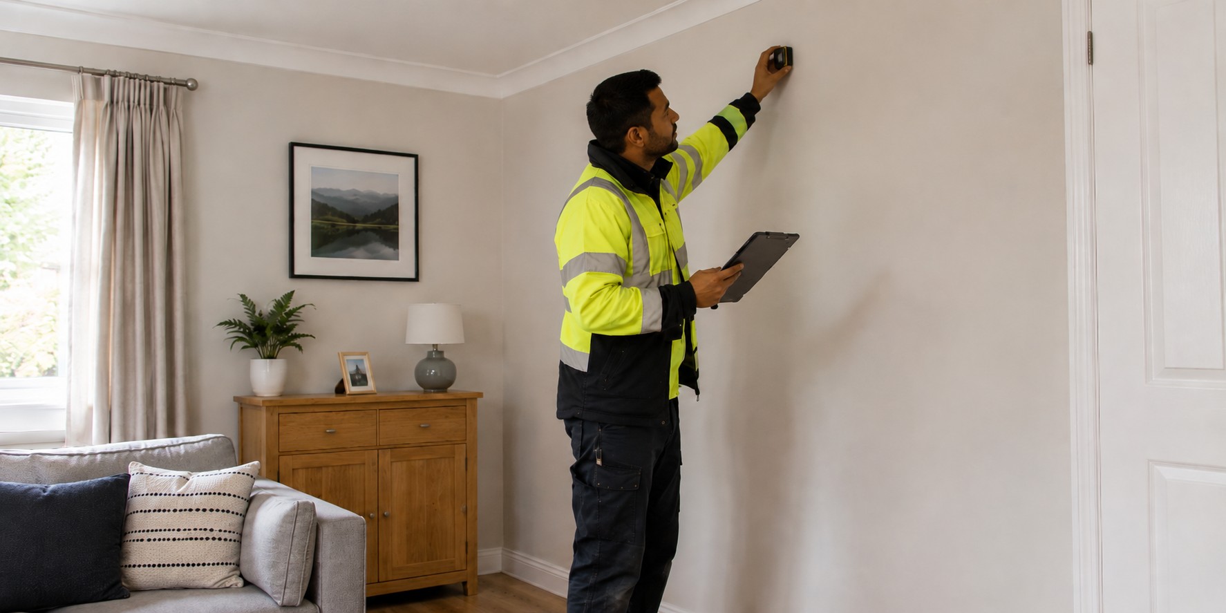 A surveyor measuring a living room wall during a retrofit survey