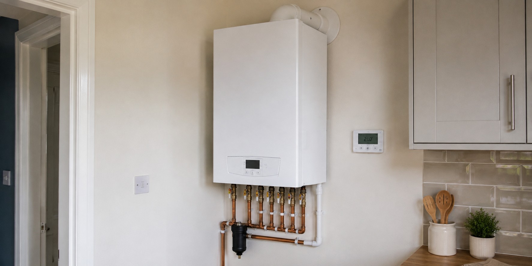 A wall-mounted combination boiler in a kitchen with a room thermostat beside it