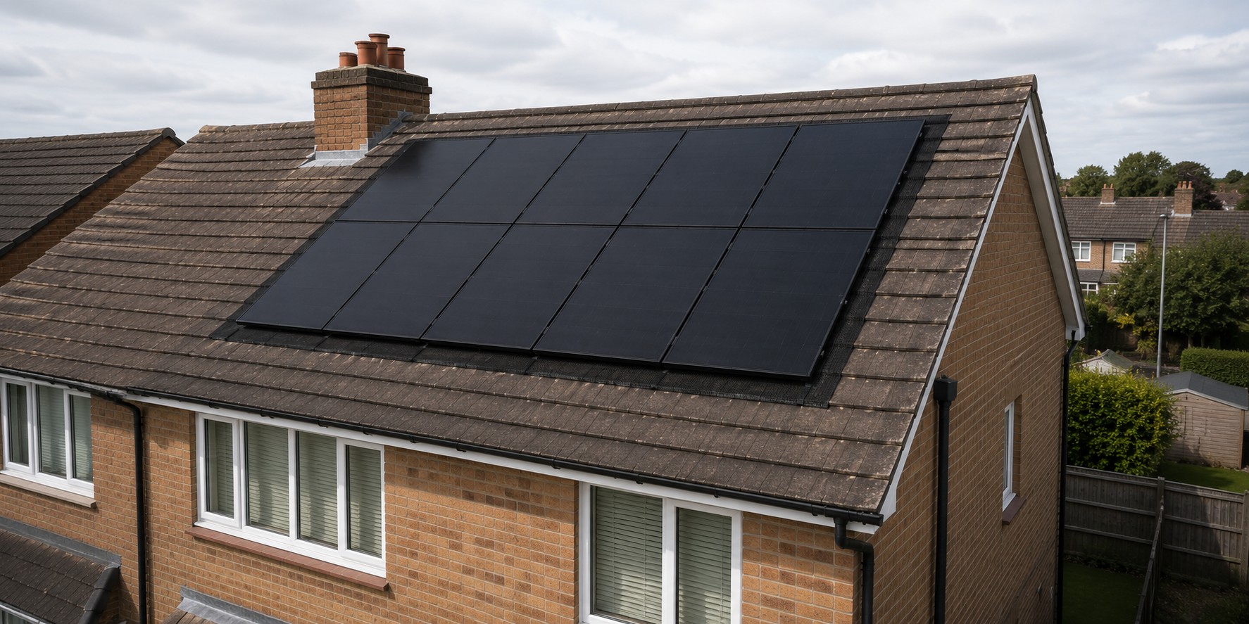 An array of black solar panels on a pitched tiled roof