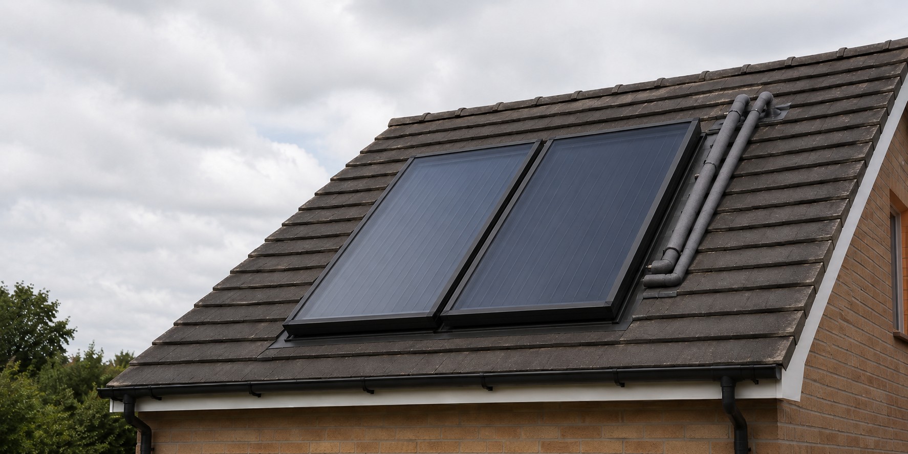 Solar thermal collectors on a tiled roof with insulated flow and return pipes
