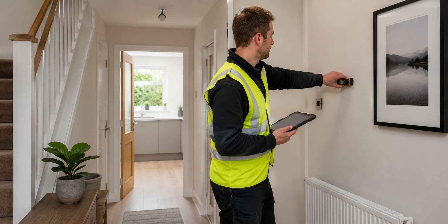 A surveyor measuring a hallway with a laser distance meter and tablet
