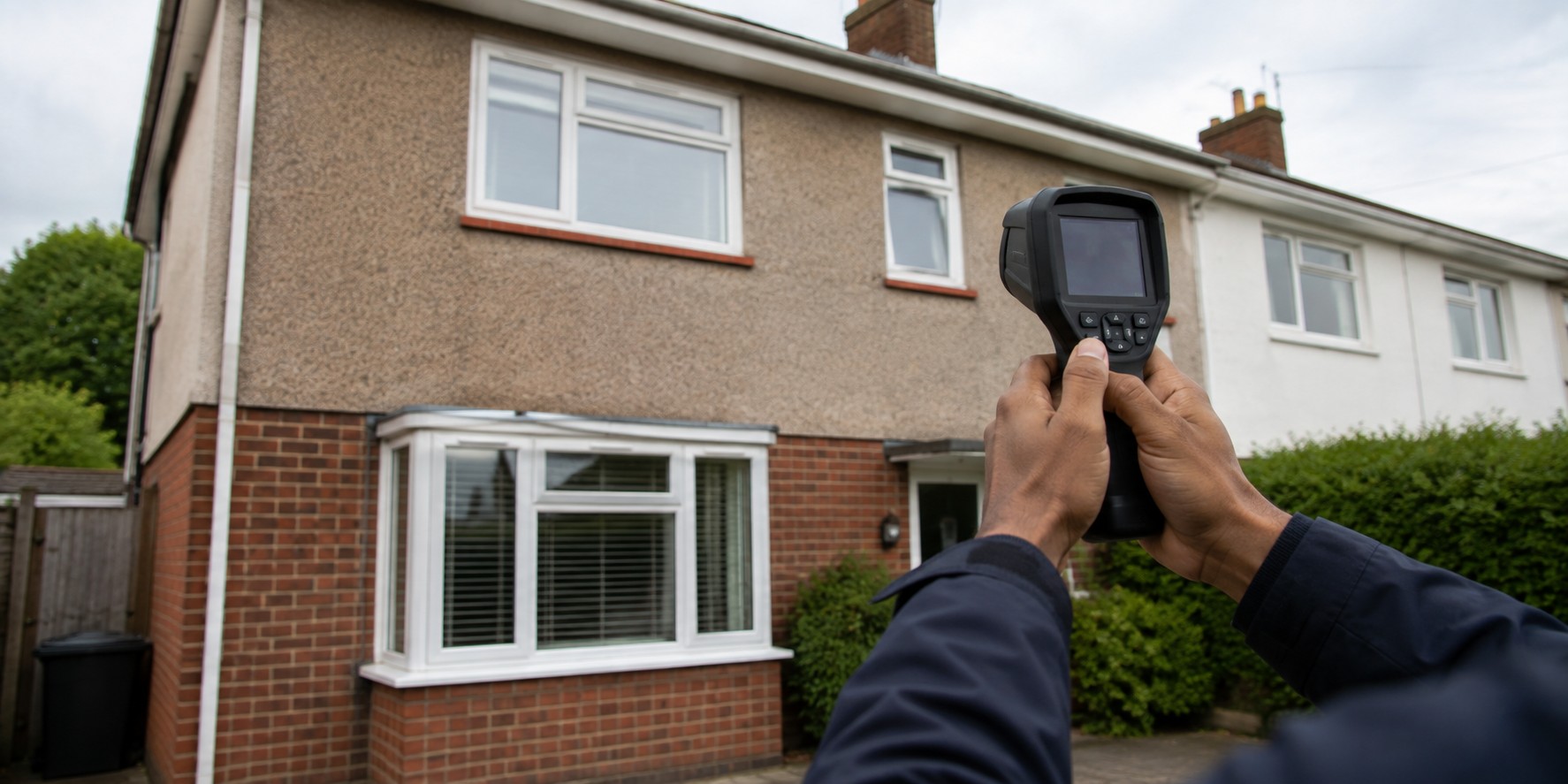 A thermal imaging camera held up to survey the front of a house