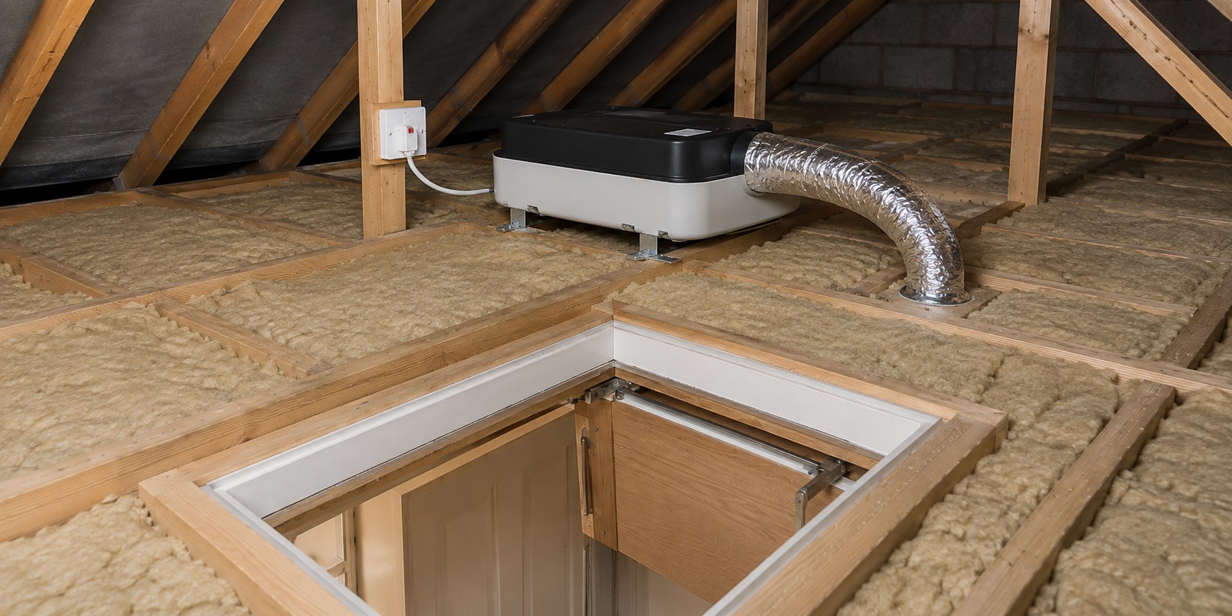A ventilation unit installed in a loft with ducting run to the hatch