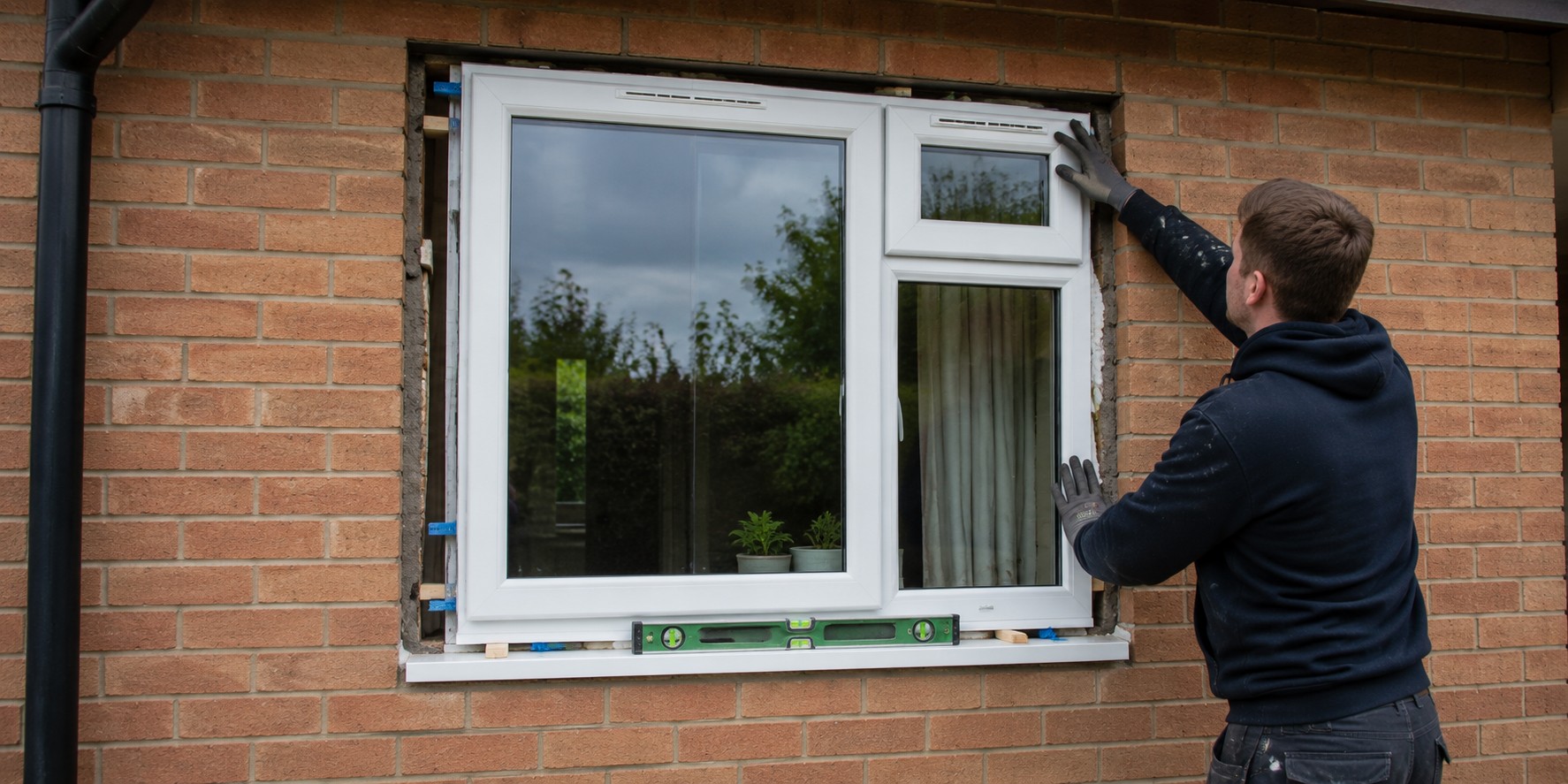 A fitter installing a new double glazed window in a brick wall