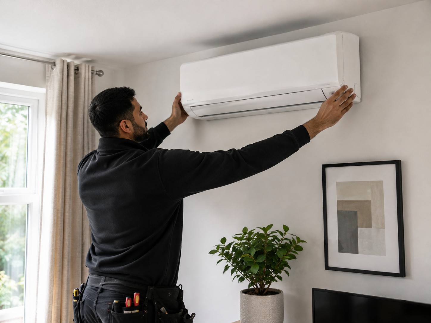 An engineer fitting a wall-mounted air conditioning unit indoors