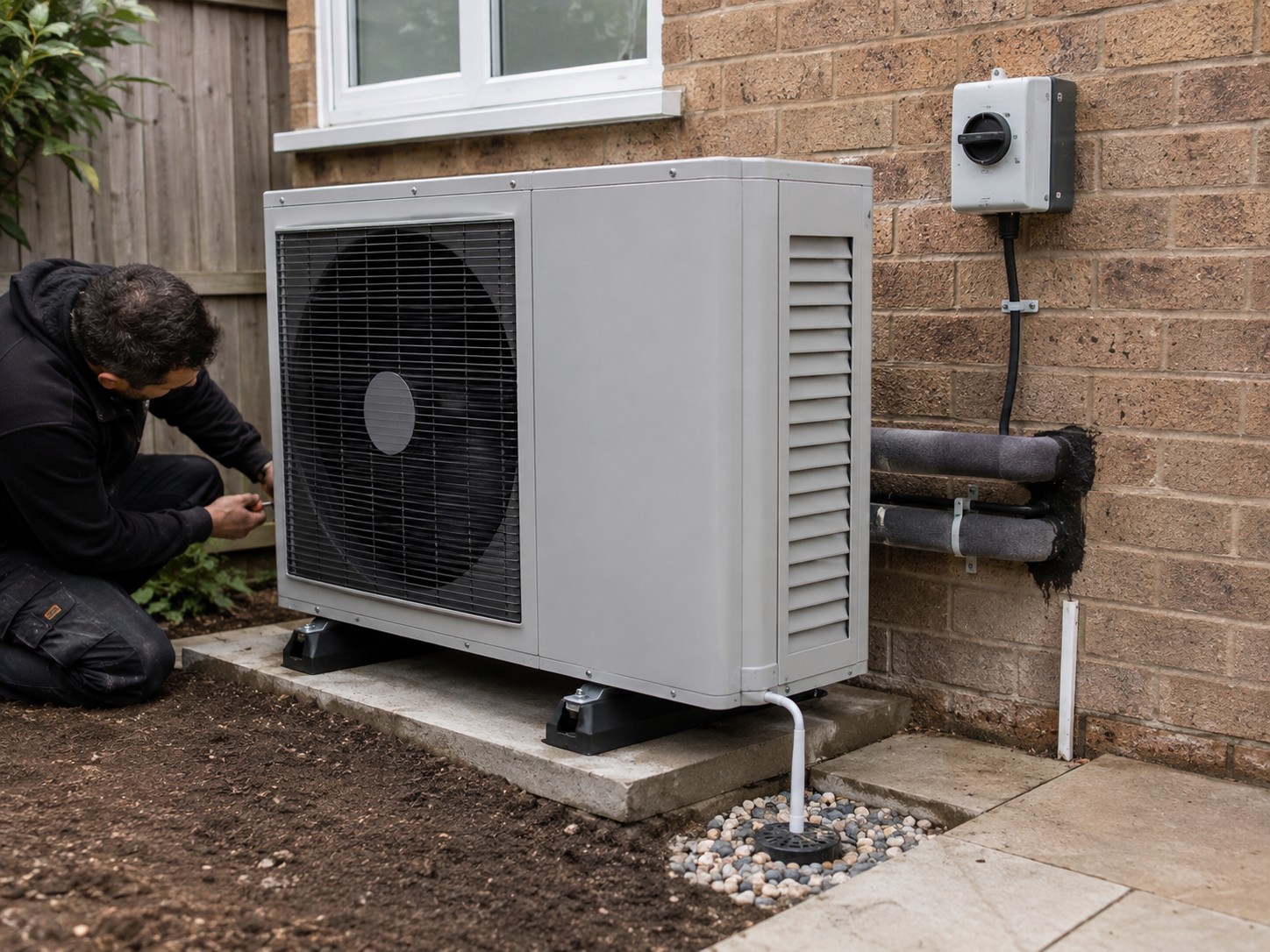 An engineer commissioning an air source heat pump beside a house