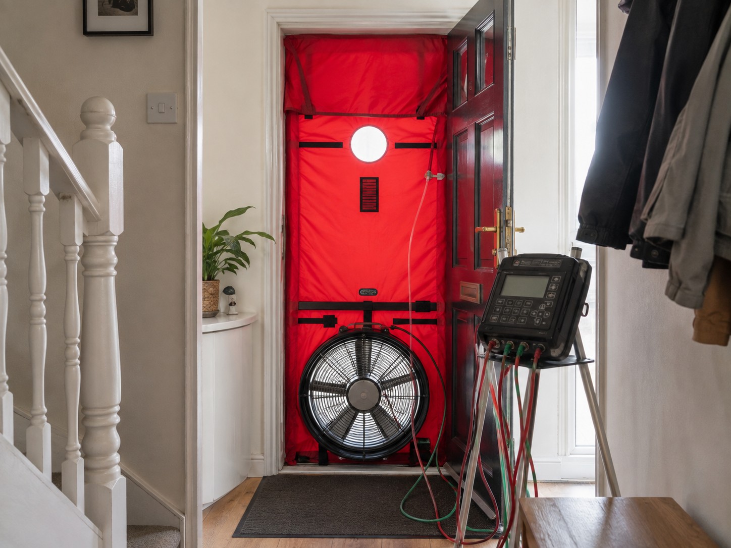 A blower door installed in a front doorway with its control unit