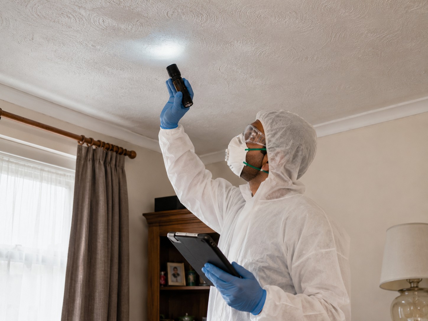 A surveyor in coveralls examining a ceiling during an asbestos survey