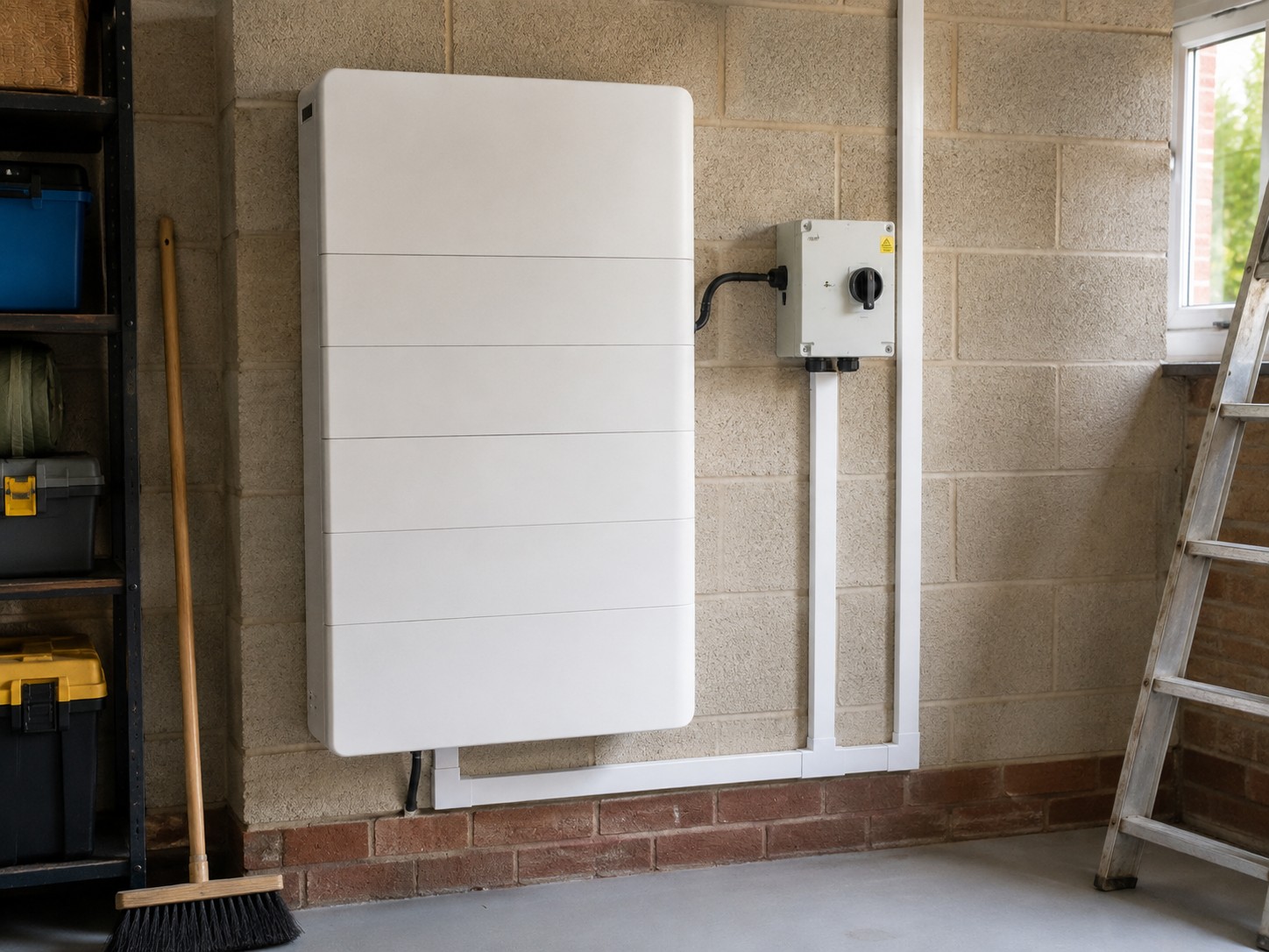 A home battery cabinet and isolator mounted on a garage wall
