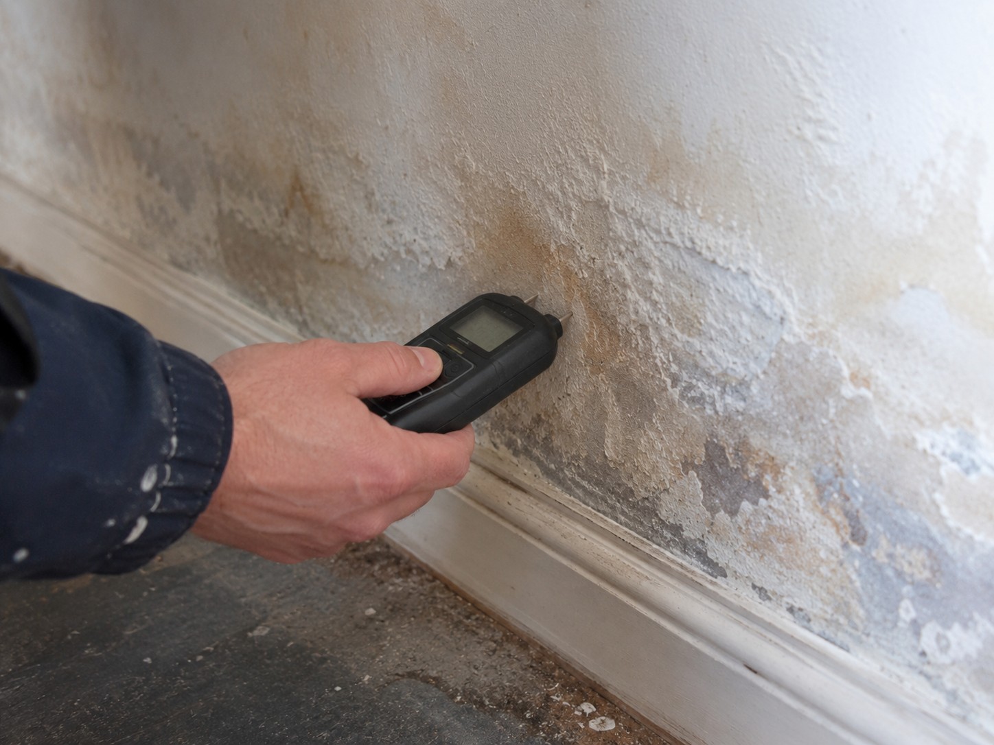 A damp meter held against a stained wall above the skirting board