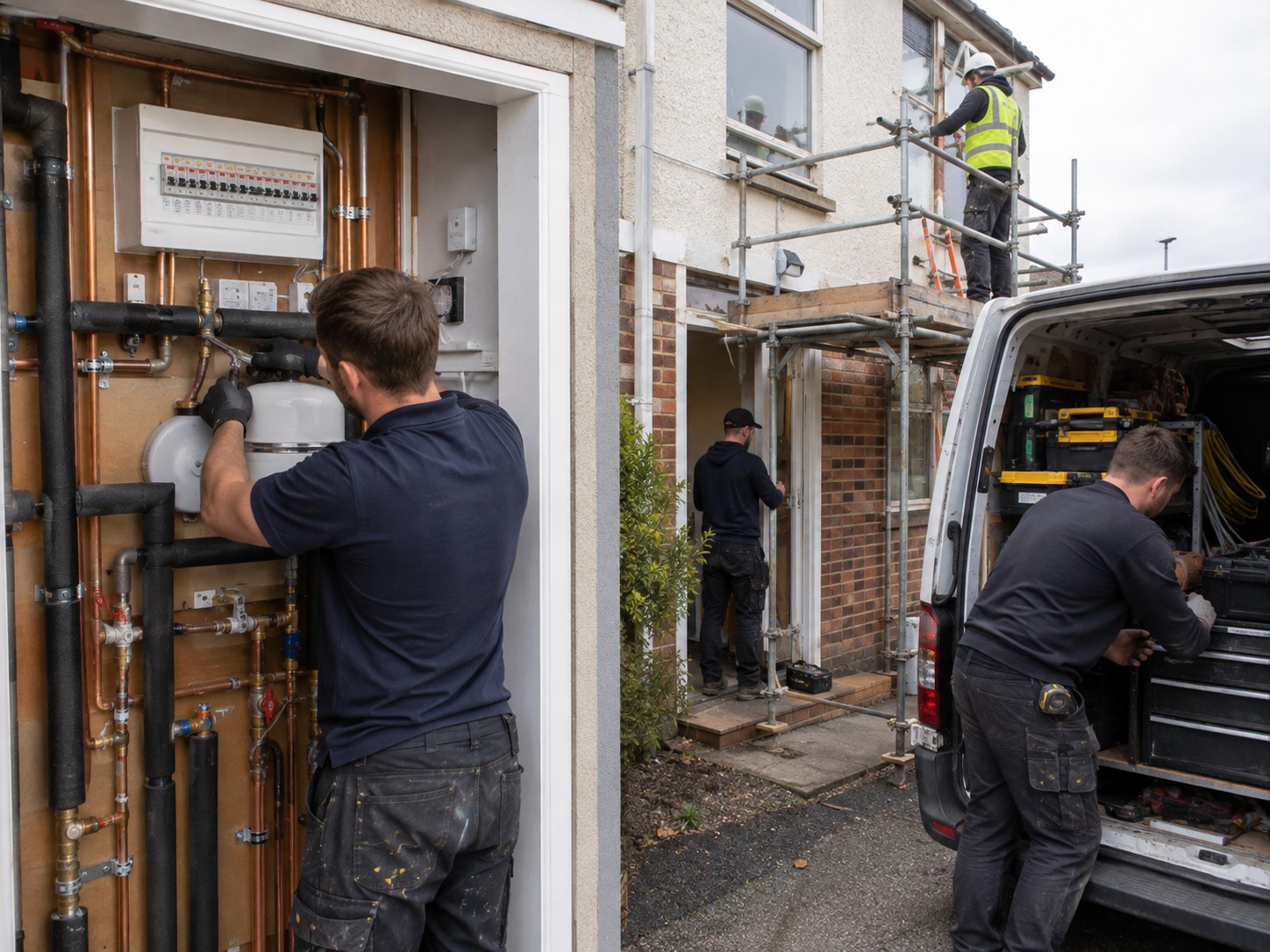 An engineer working on pipework in a plant room with a van outside