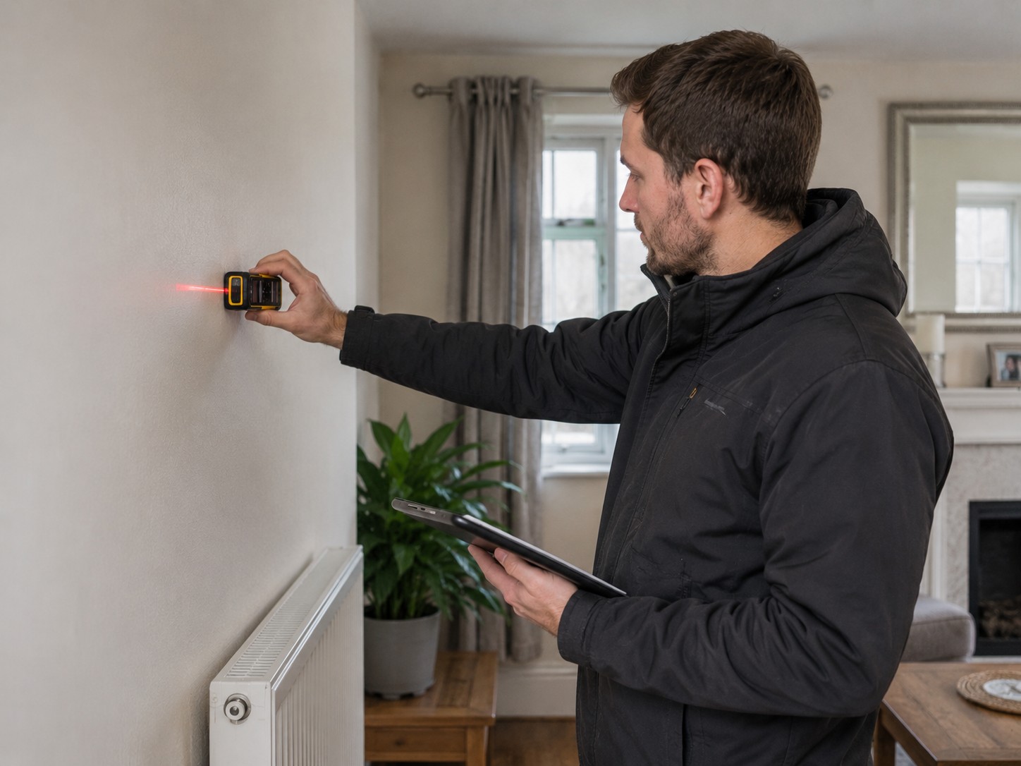 An assessor measuring a room for an energy performance certificate