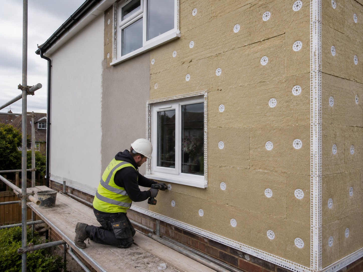 An installer fixing external wall insulation boards from scaffolding