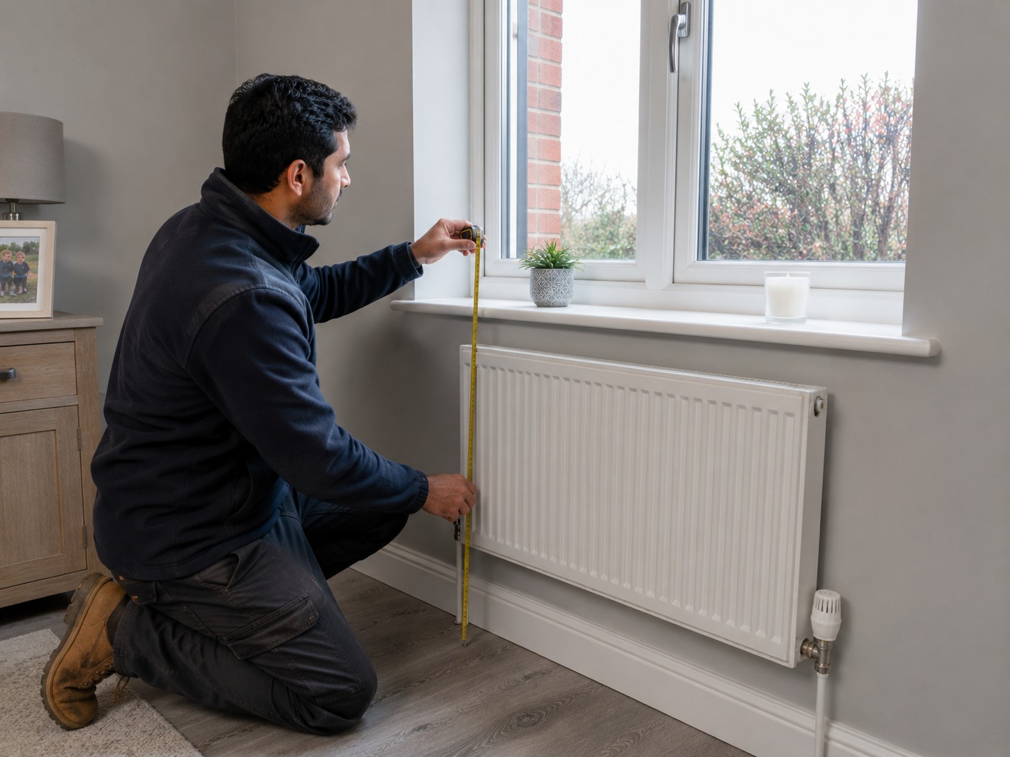 A surveyor measuring a radiator with a tape for heat loss calculations