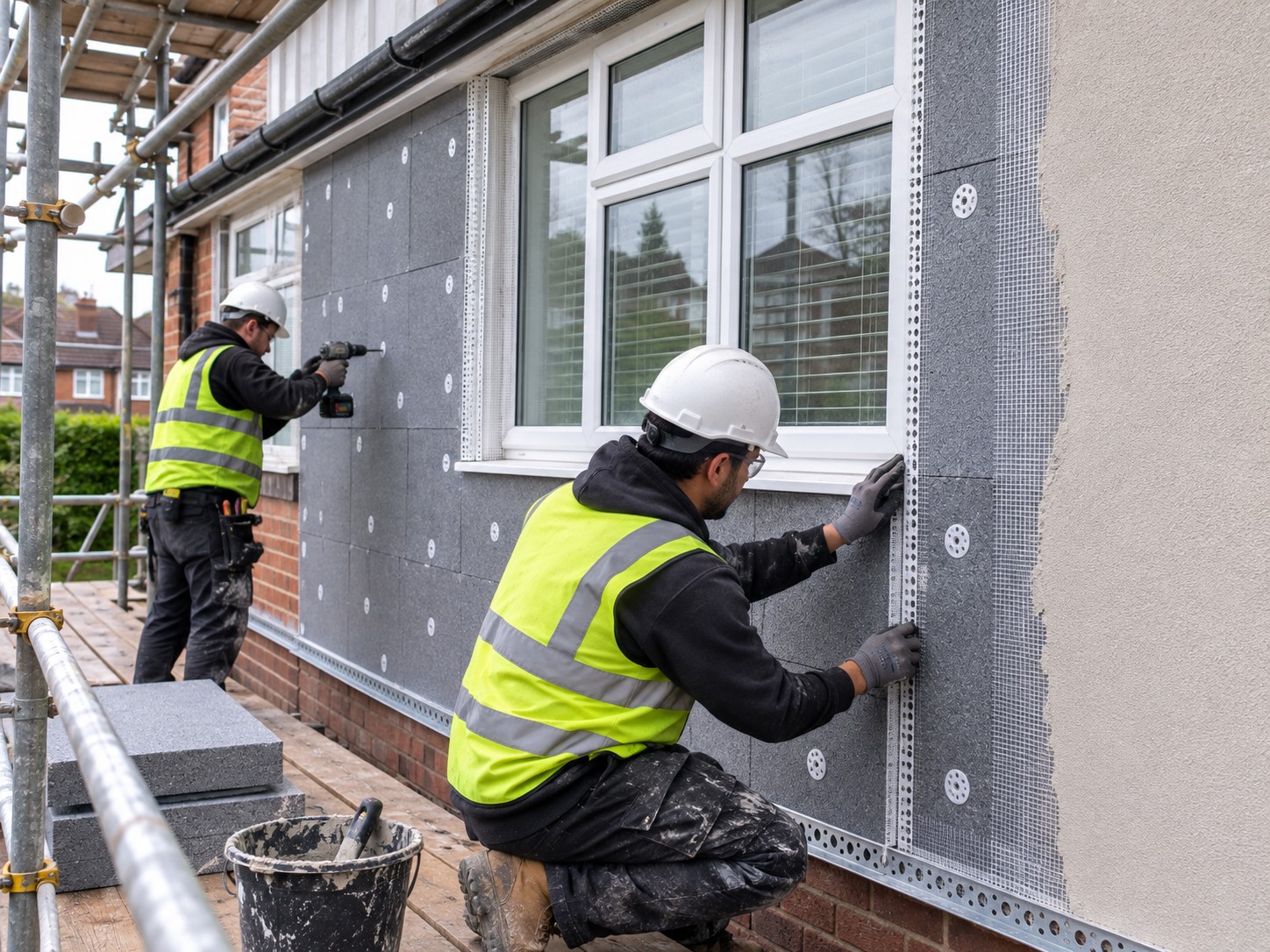 An installer fixing insulation boards to an external wall