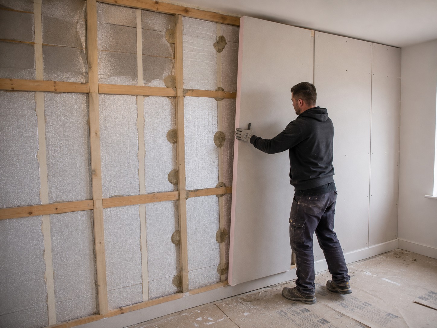 An installer fitting insulated board to an internal wall
