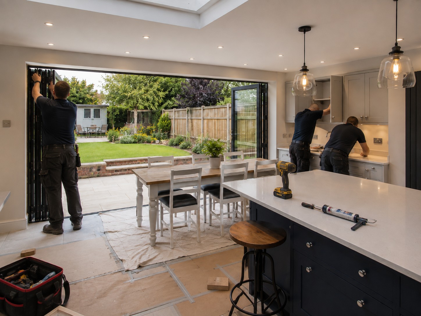 Joiners fitting a kitchen in a new rear extension