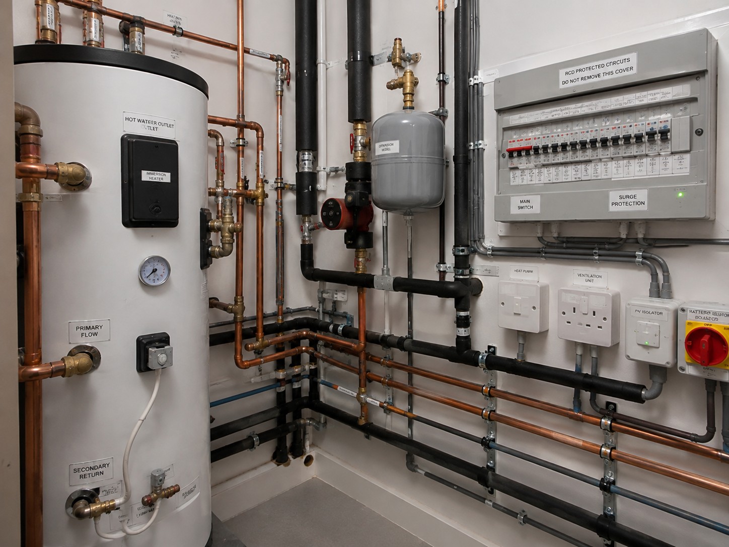 A cylinder, pipework and consumer unit in a domestic plant room
