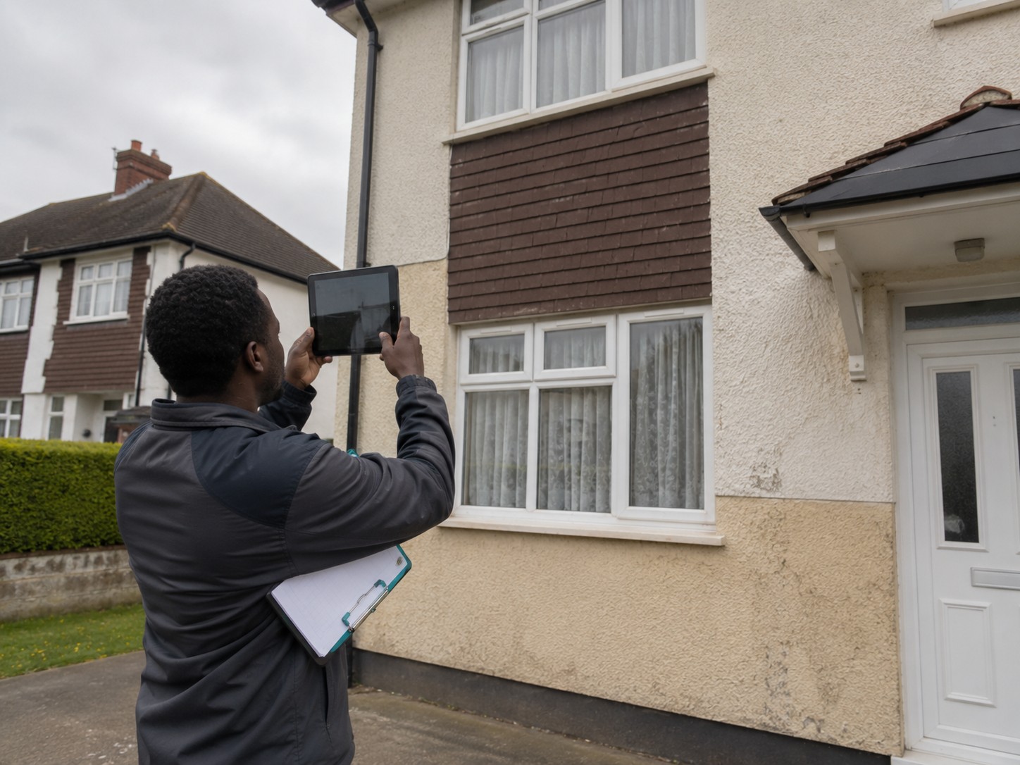 An assessor photographing the outside of a house on a tablet